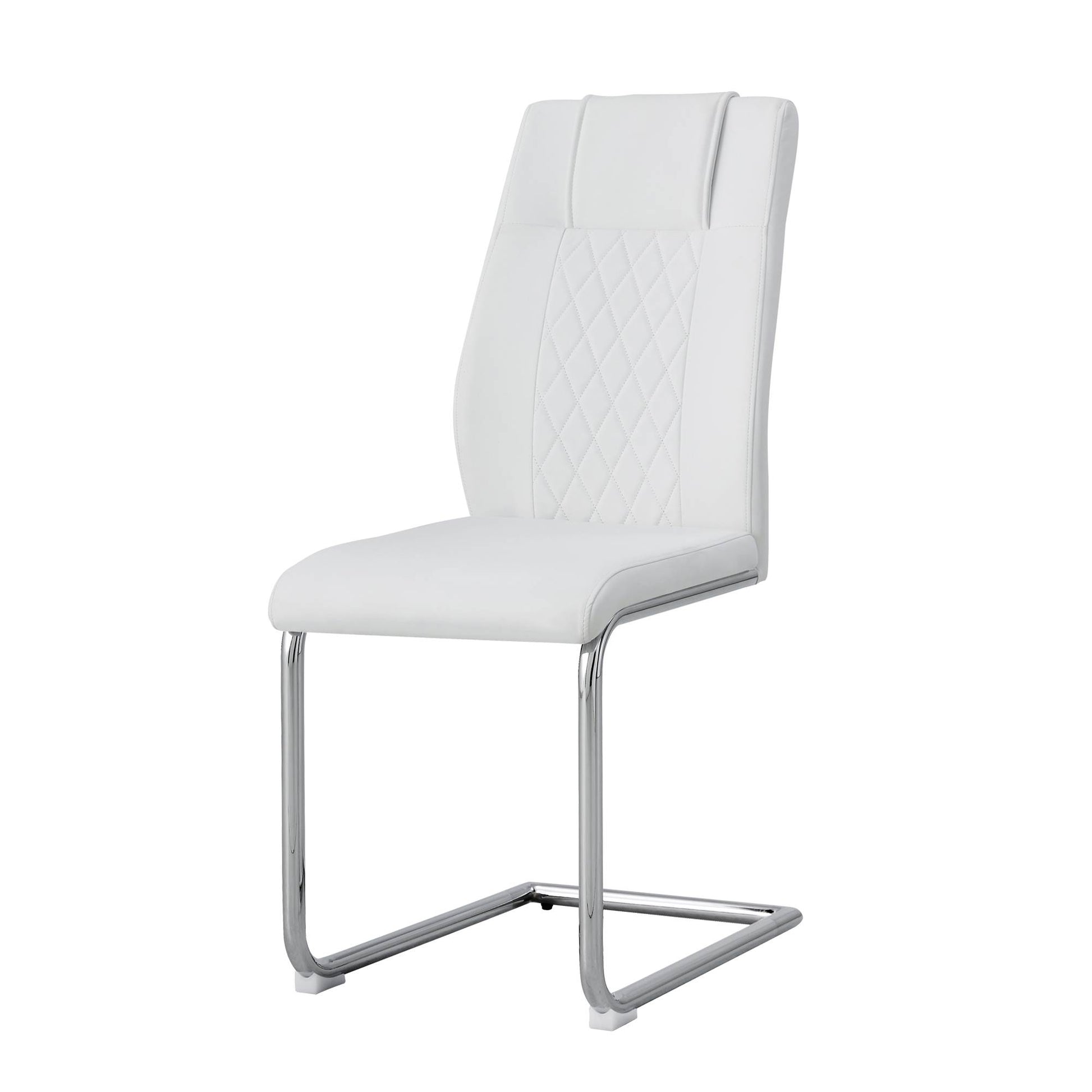 Modern white faux leather dining chair with diamond stitching and chrome sled base