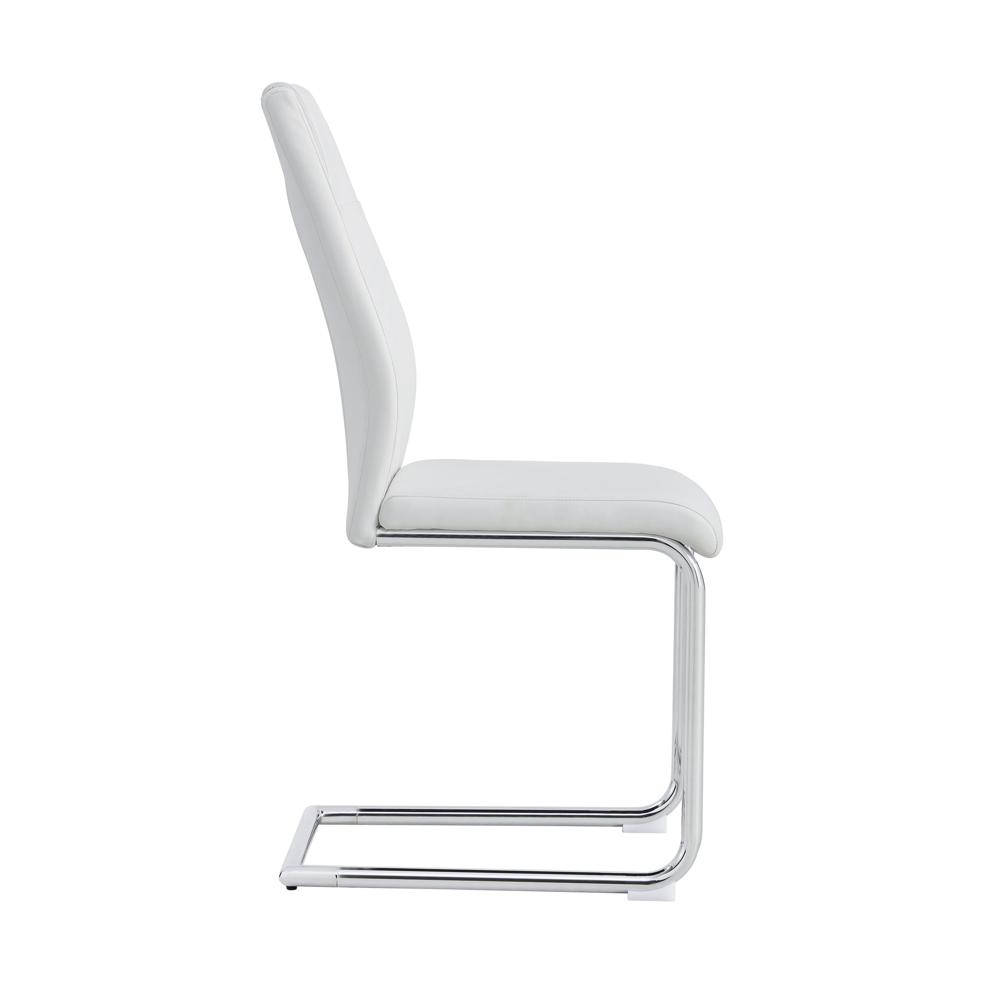 Modern white faux leather dining chair with chrome cantilever base