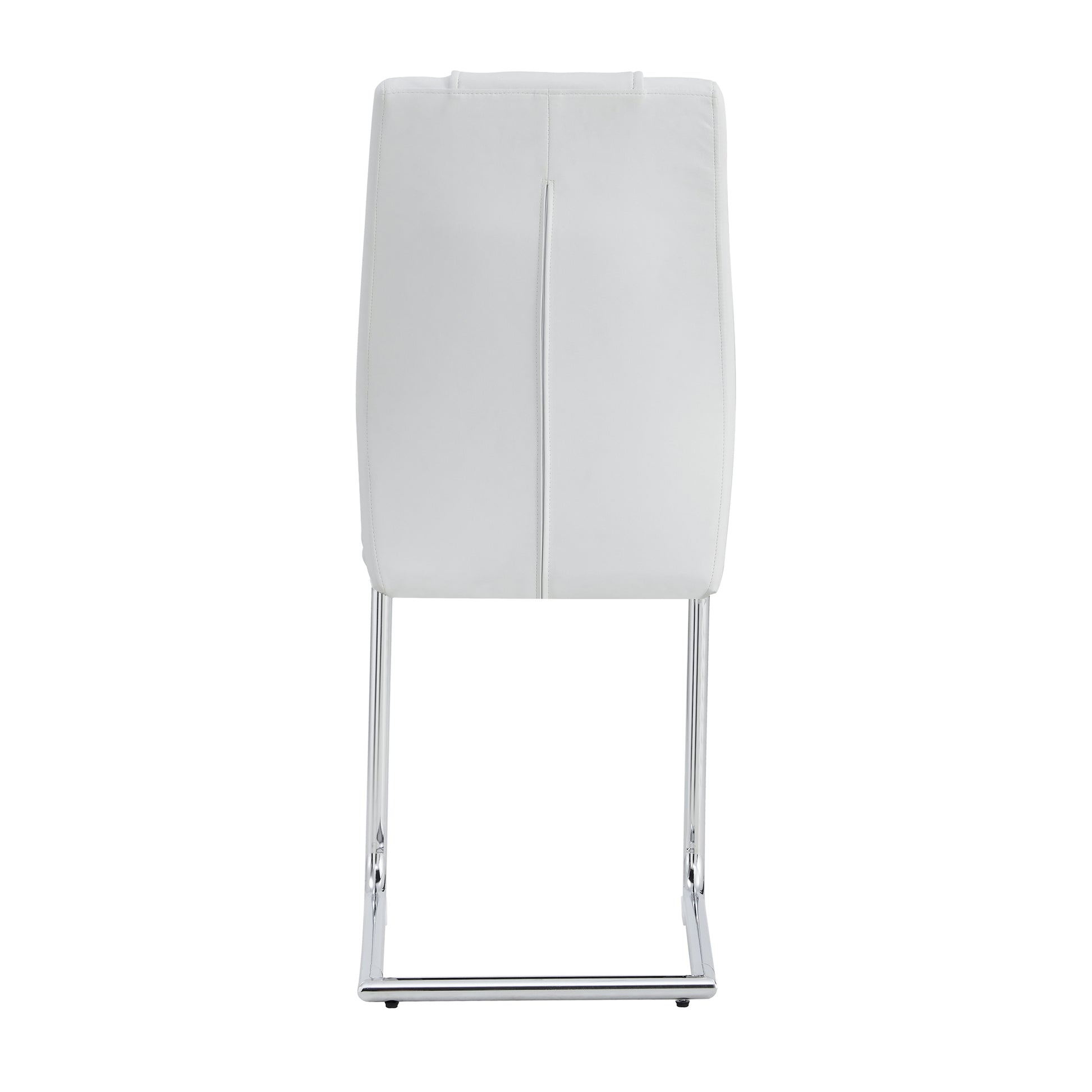 White faux leather dining chair with sleek chrome sled legs