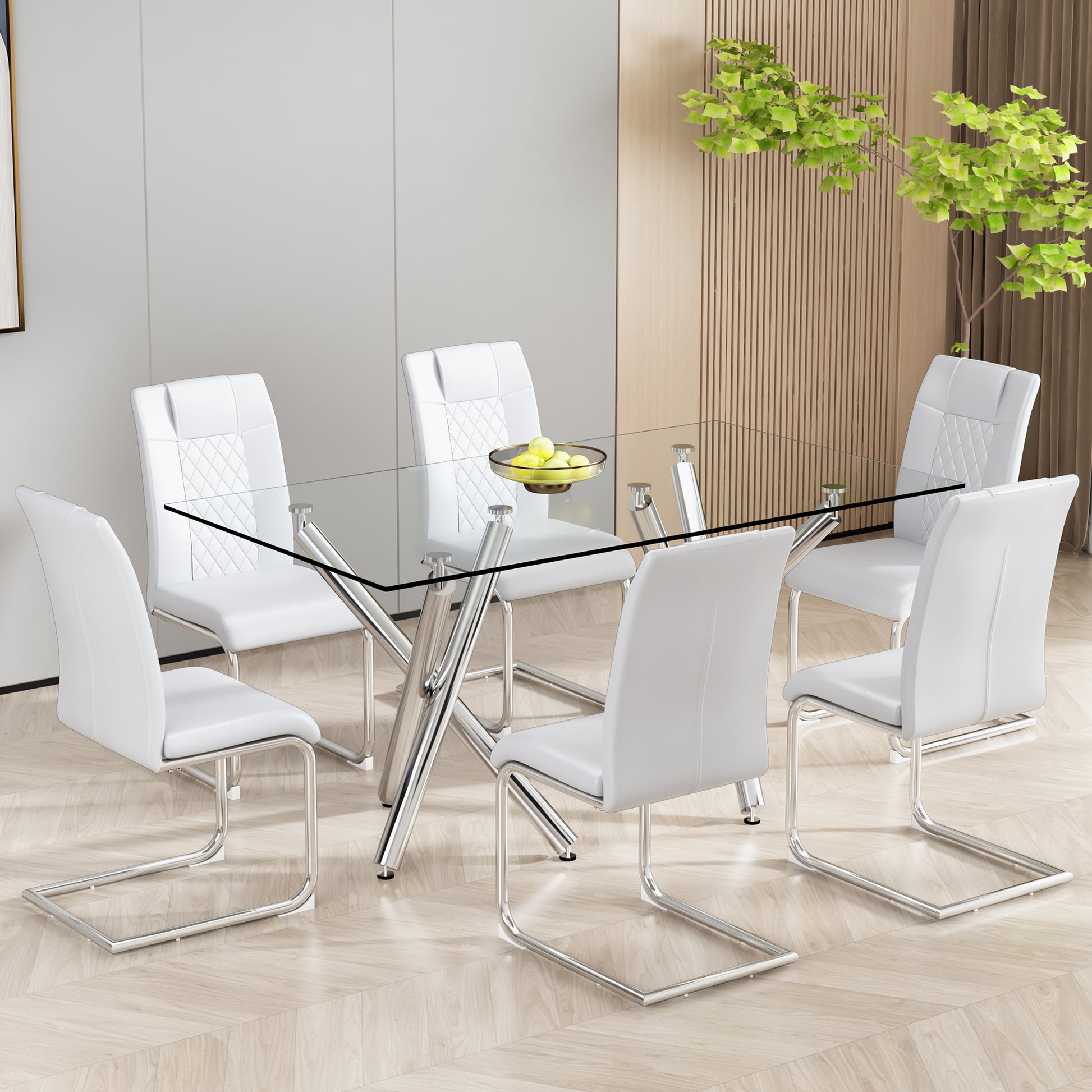 Modern glass dining table with six white faux leather chairs