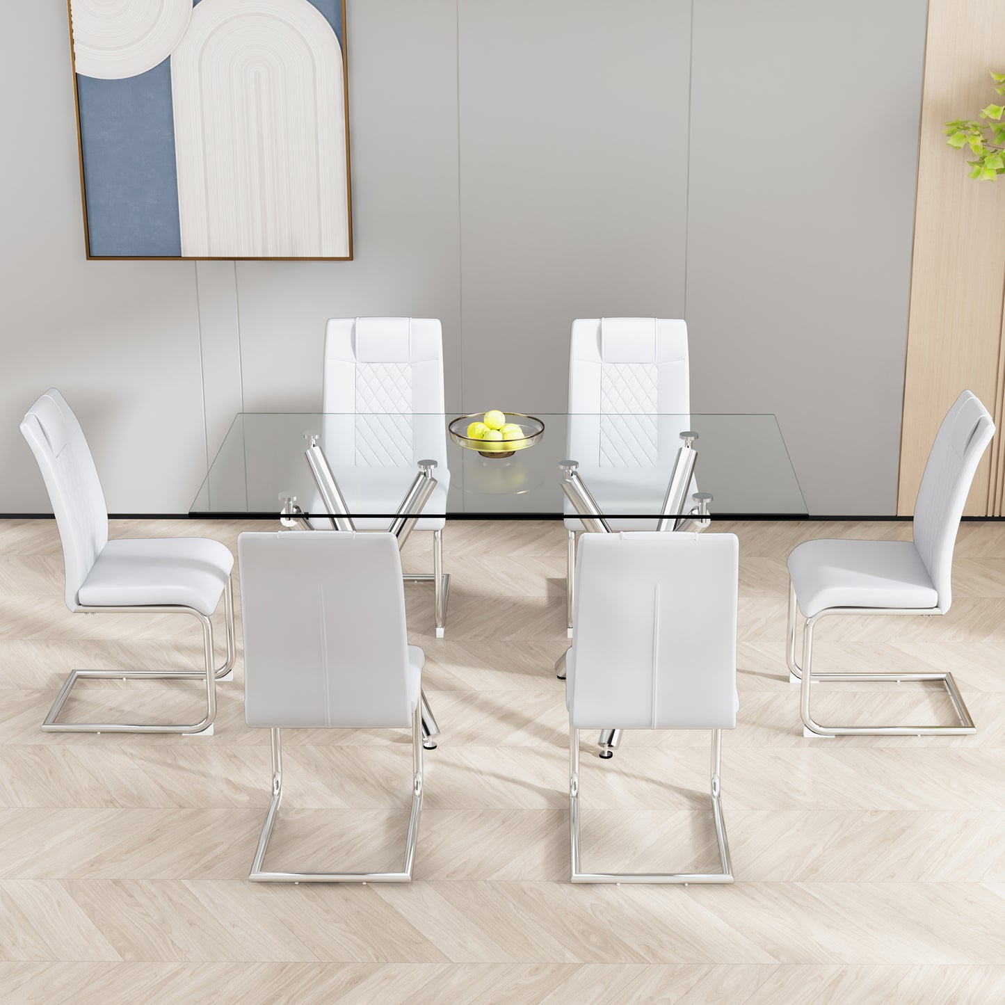Modern glass dining table with six white faux leather chairs