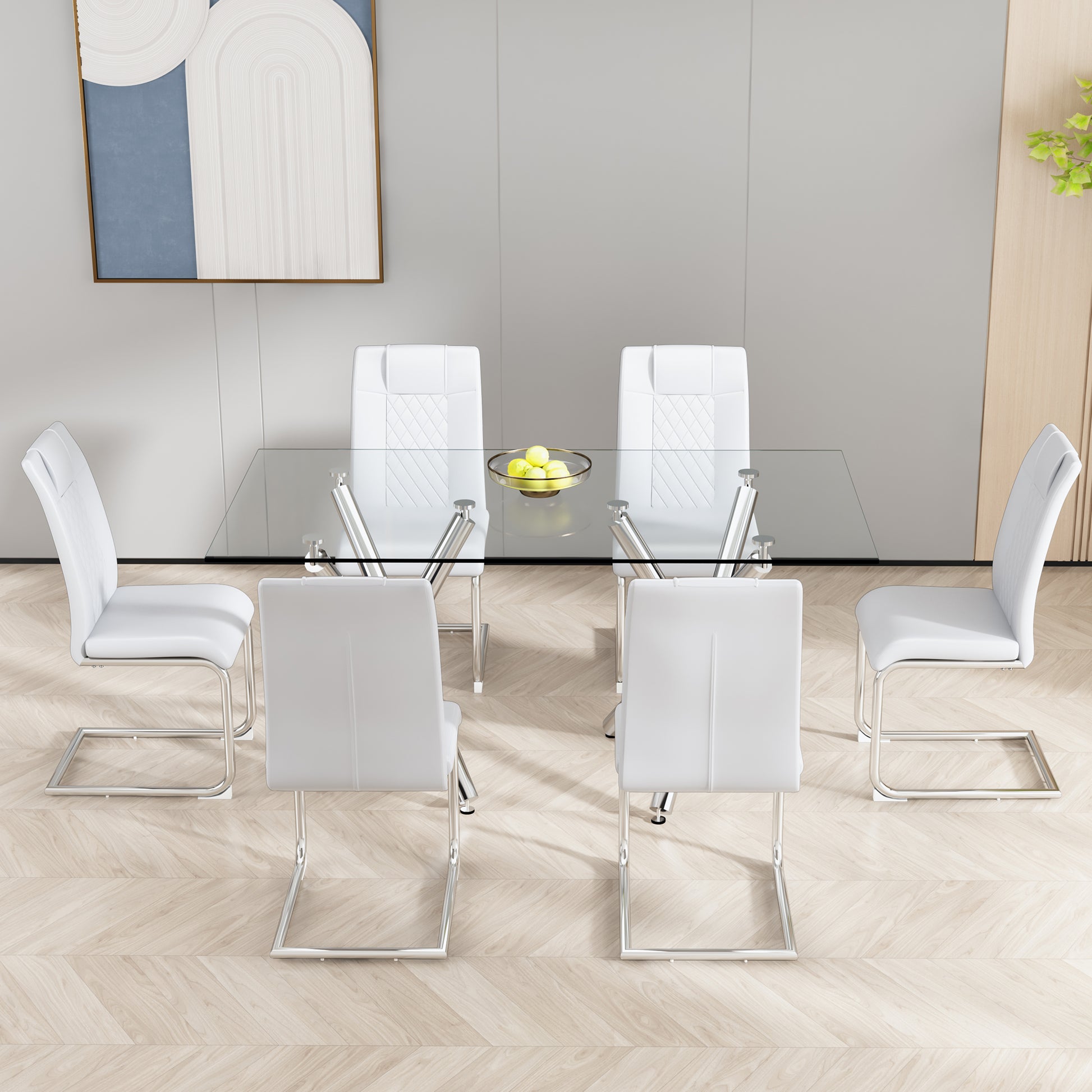 Modern glass dining table with six white faux leather chairs