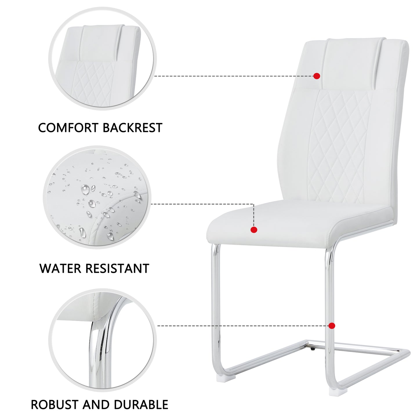 White cantilever dining chair with quilted backrest and chrome legs