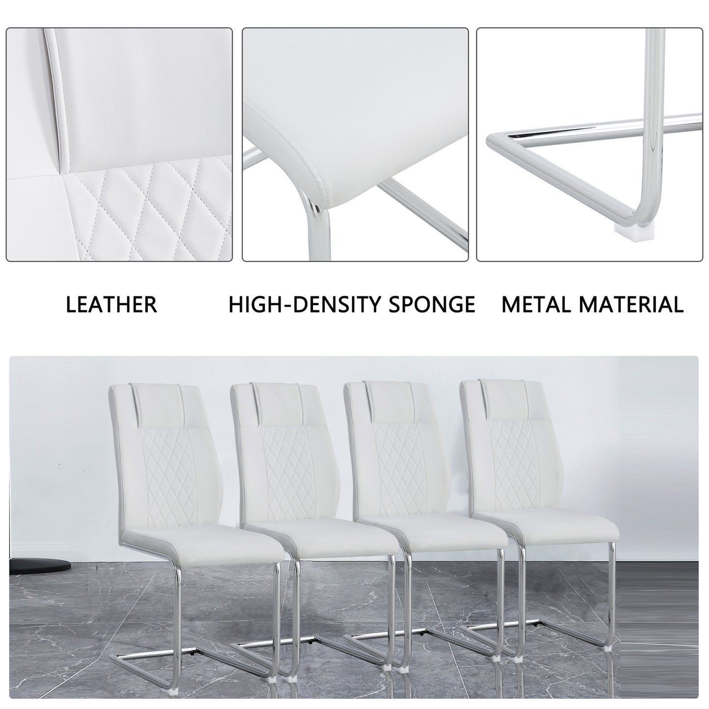 Four white faux leather dining chairs with diamond stitching and chrome sled legs