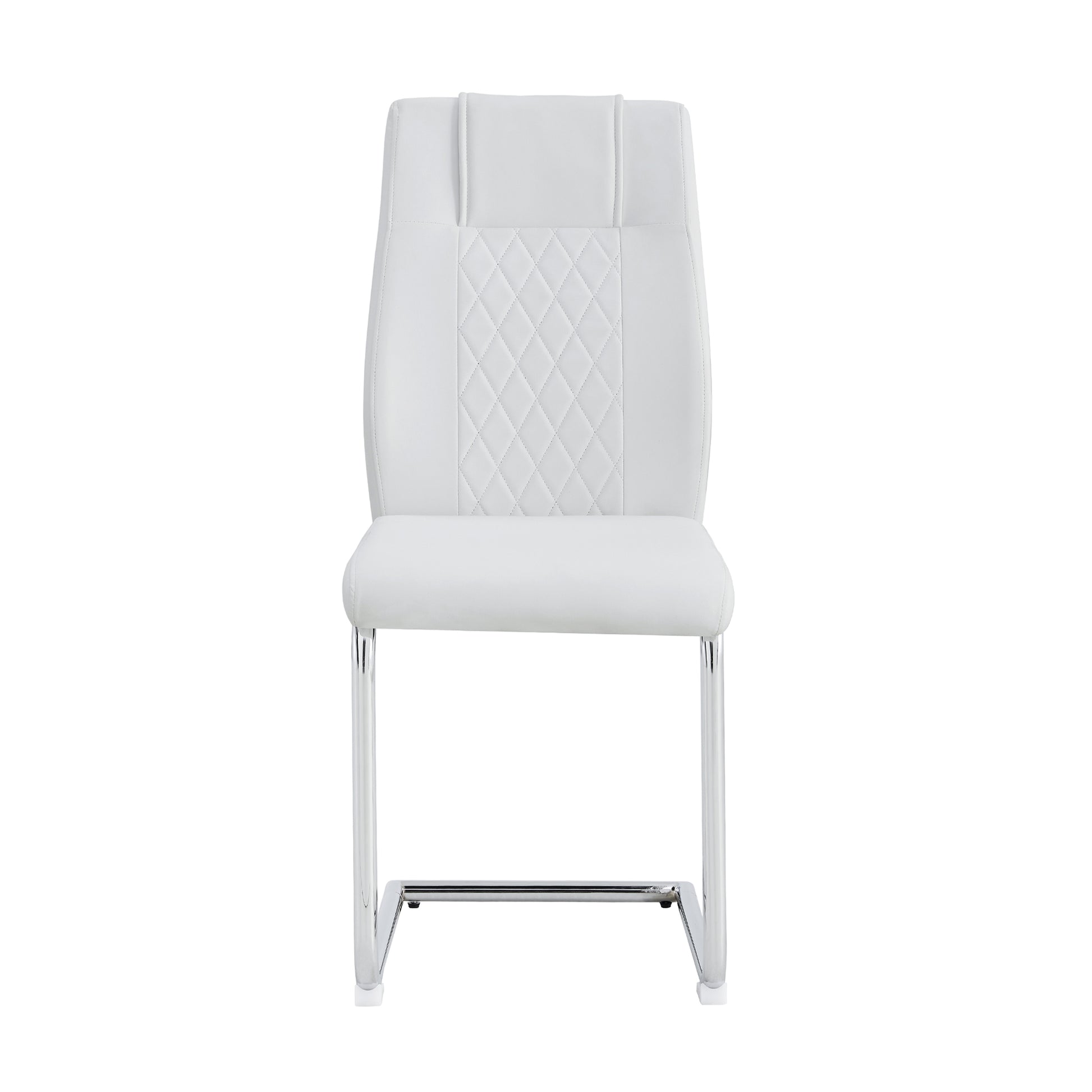 White faux leather dining chair with quilted back and chrome cantilever legs