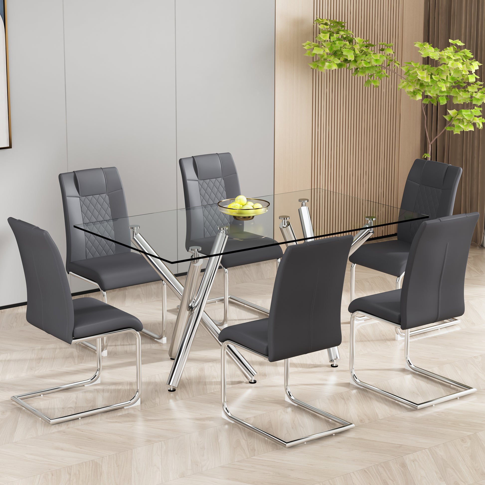 Modern glass dining table with six grey faux leather chairs