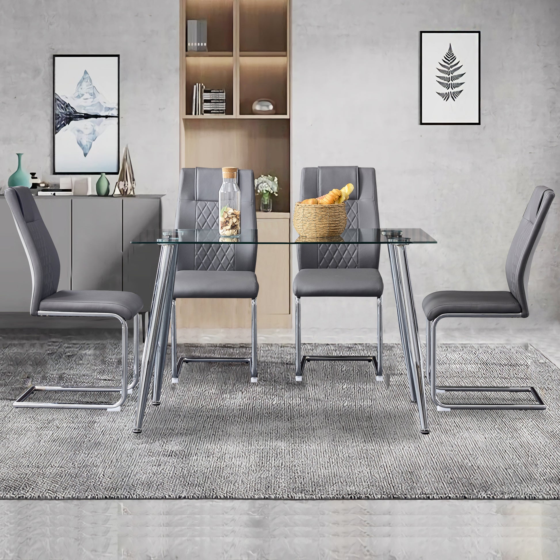 Gray diamondstitched faux leather dining chair with chrome legs