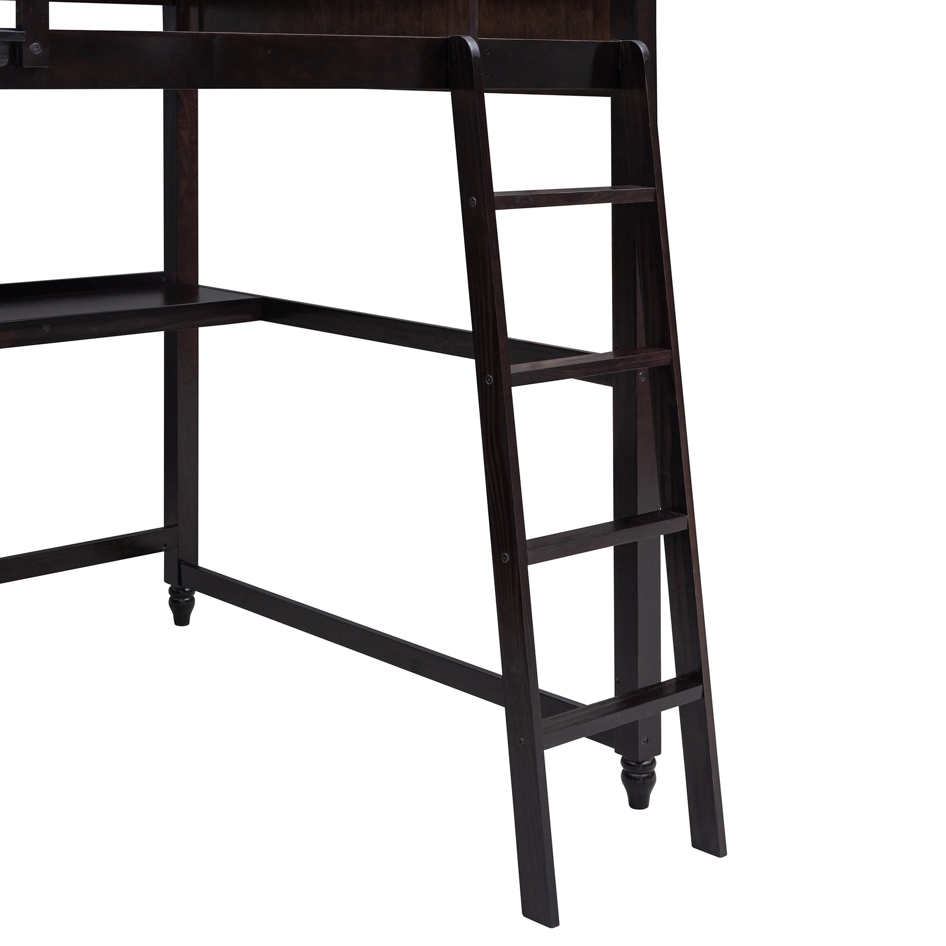 Dark wood loft bed ladder detail with integrated desk frame