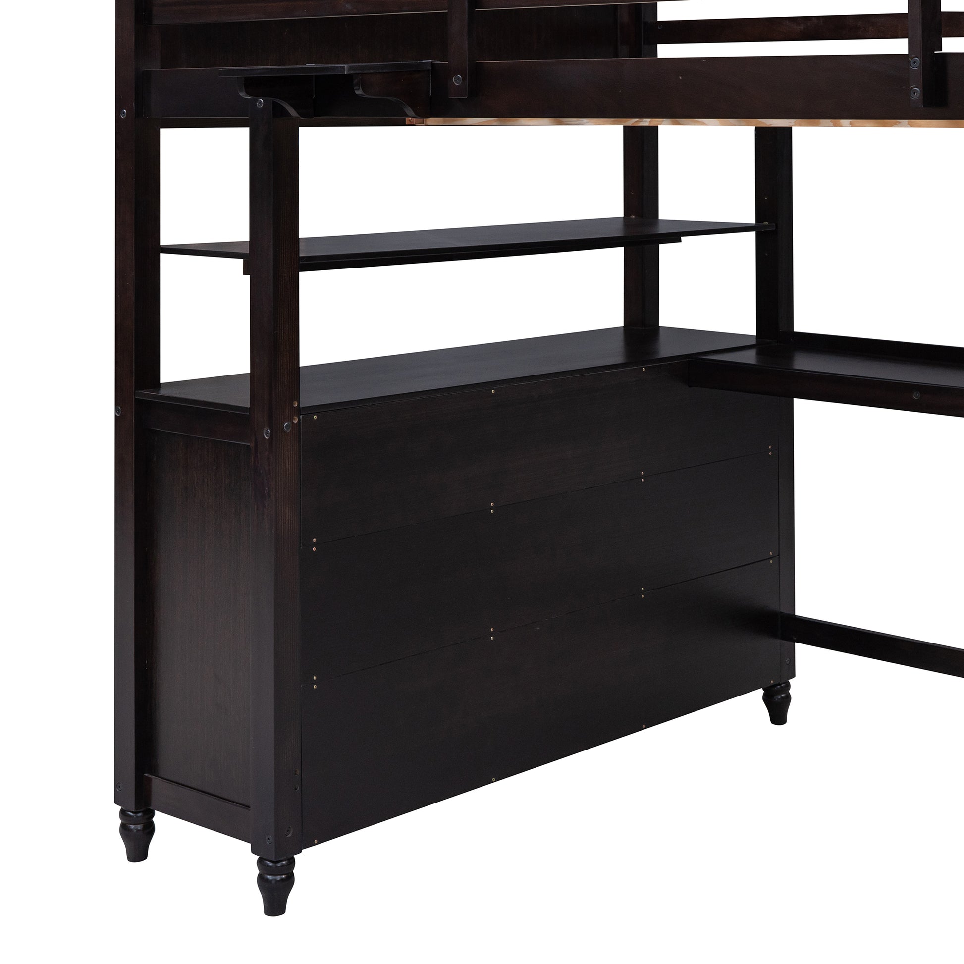 Dark espresso loft bed with integrated shelving and desk space perfect for small rooms