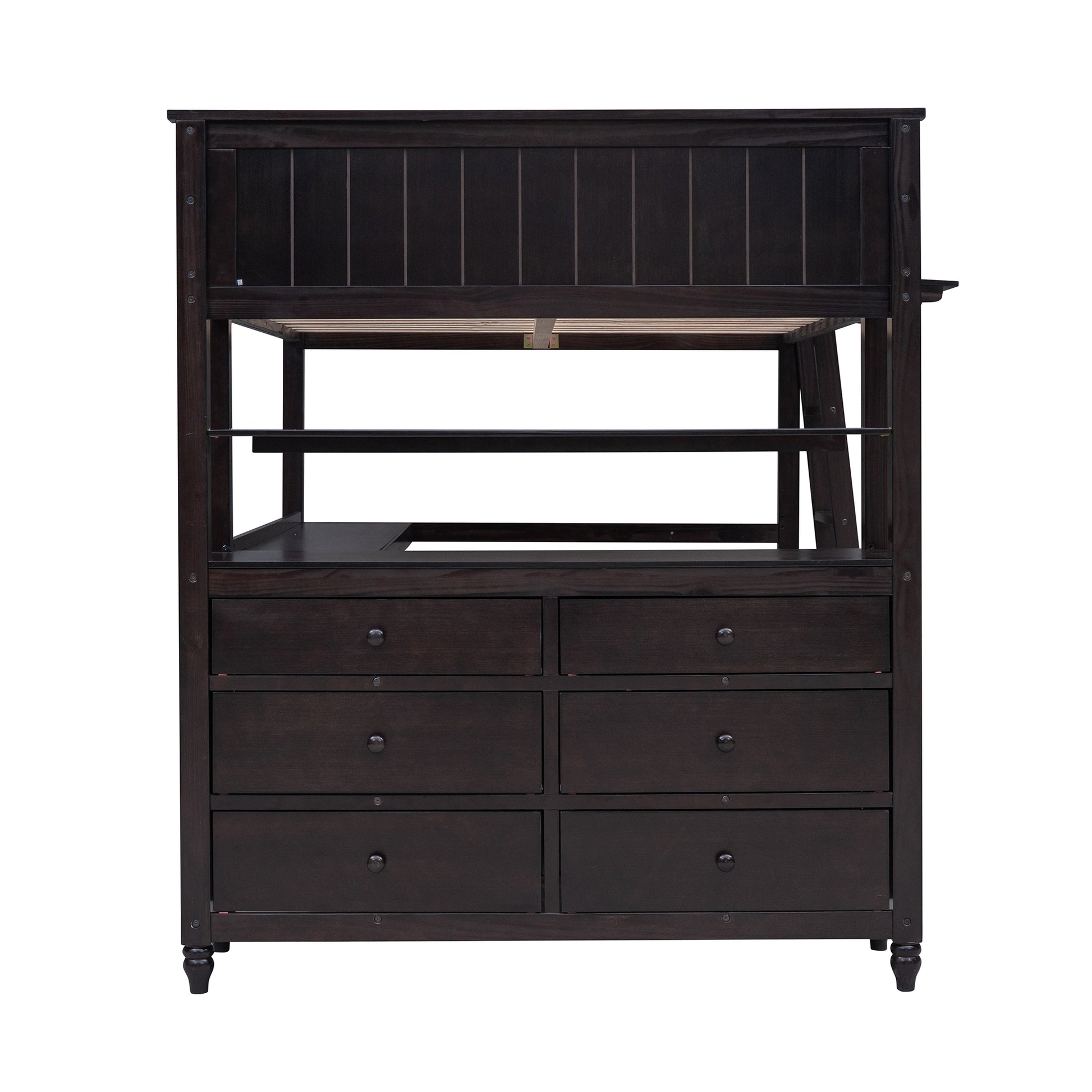Dark espresso loft bed with integrated dresser drawers and open shelving for kids rooms
