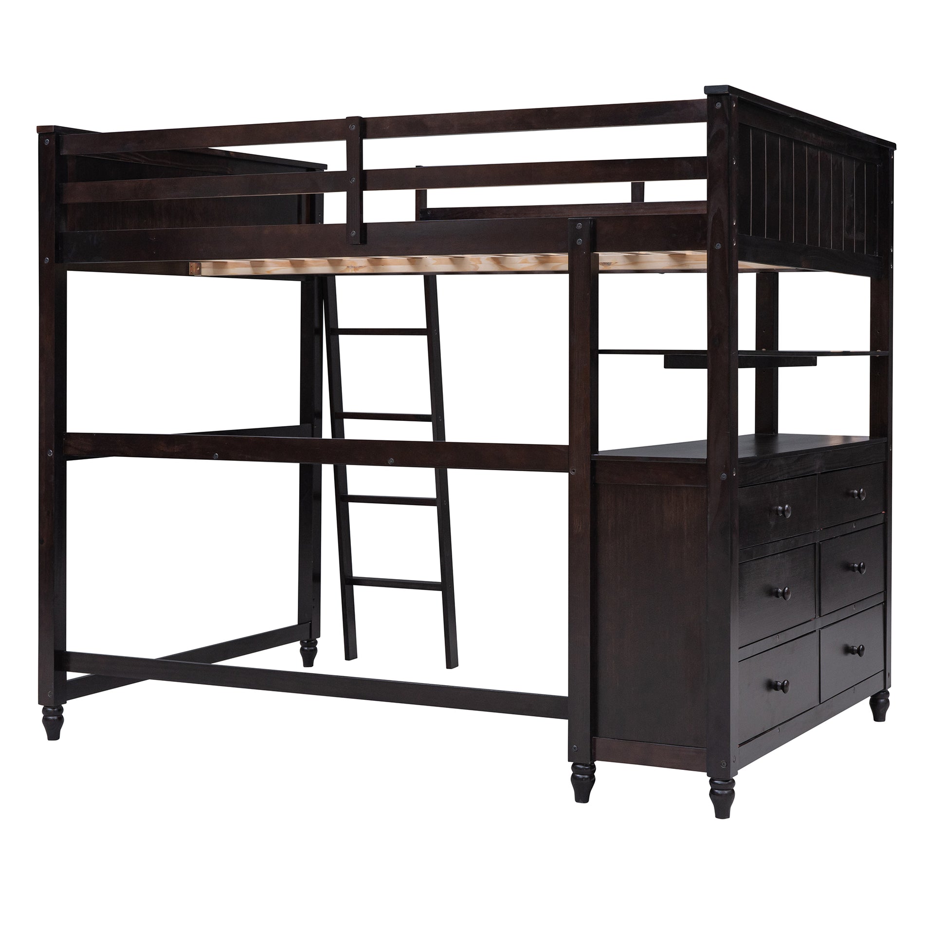 Dark brown wooden loft bed with integrated shelving and drawers ideal for small bedrooms