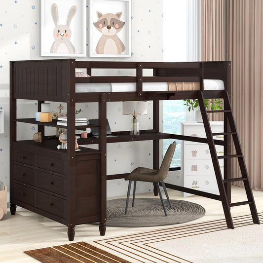 Dark brown wooden loft bed with integrated desk dresser and shelves for kids room