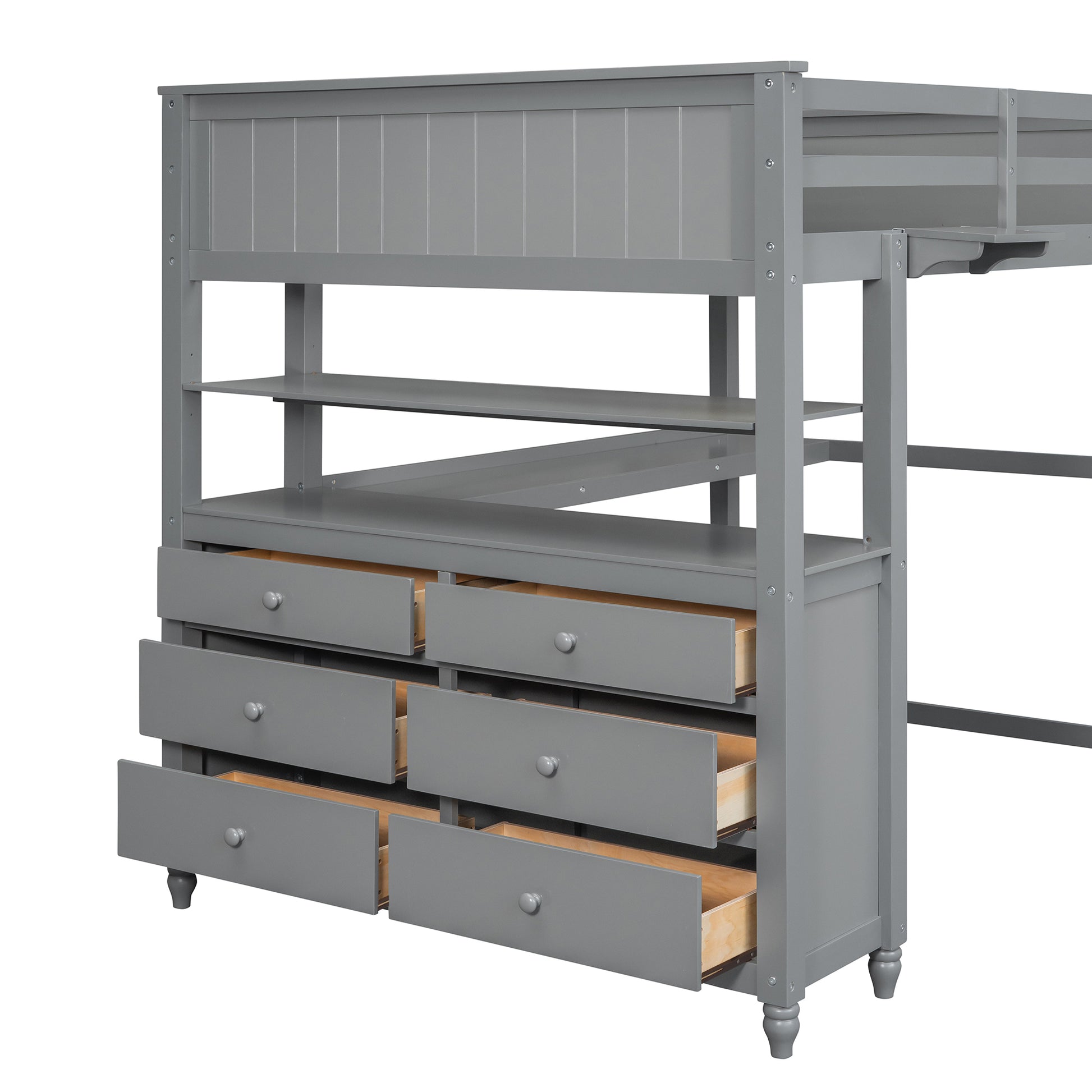 Gray loft bed with integrated dresser and shelving for kids storage solutions