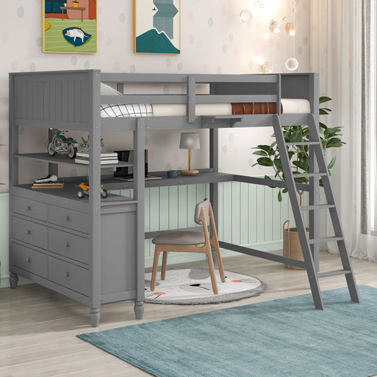Gray wooden loft bed with desk and drawers for kids room