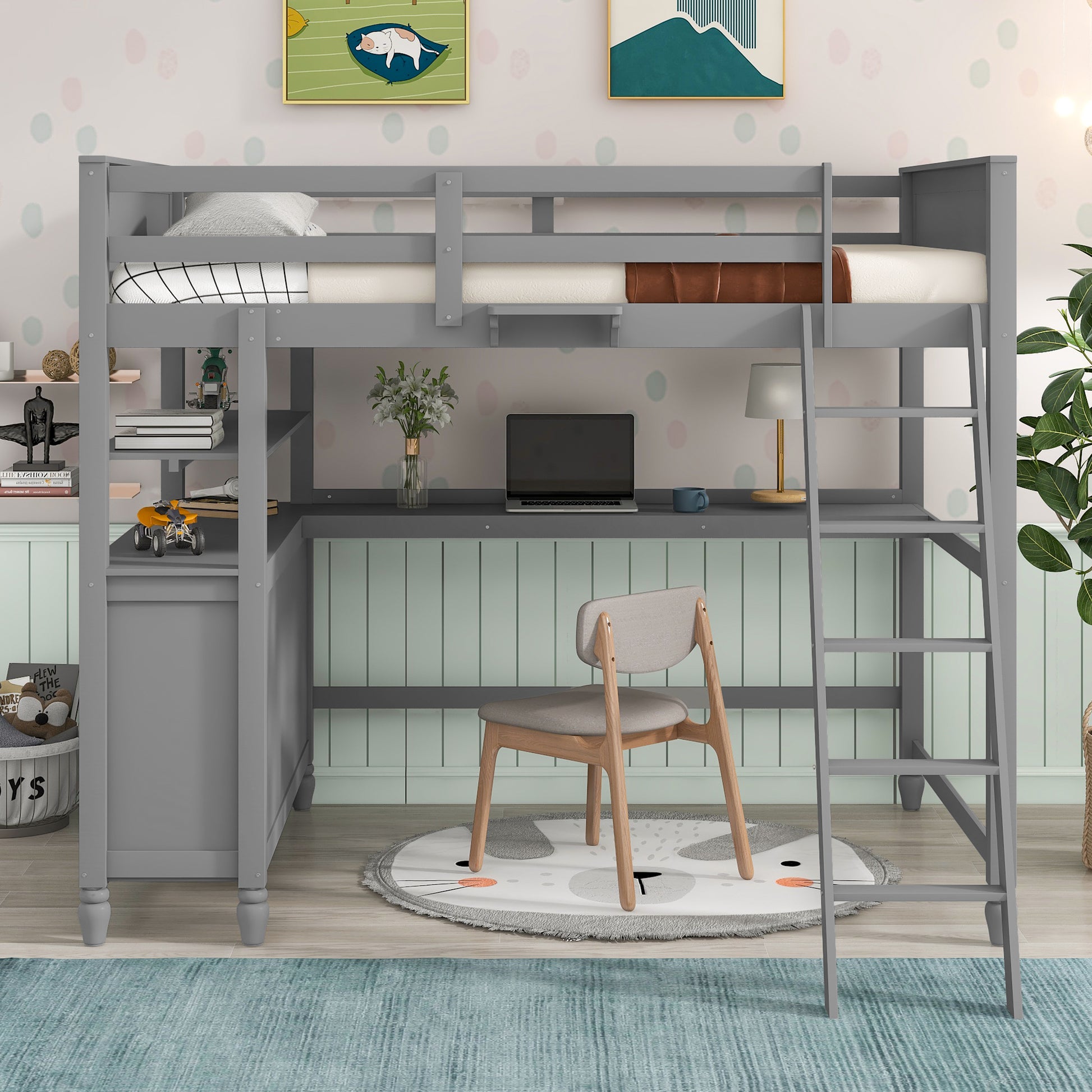 Gray wooden loft bed with integrated desk and ladder for kids room