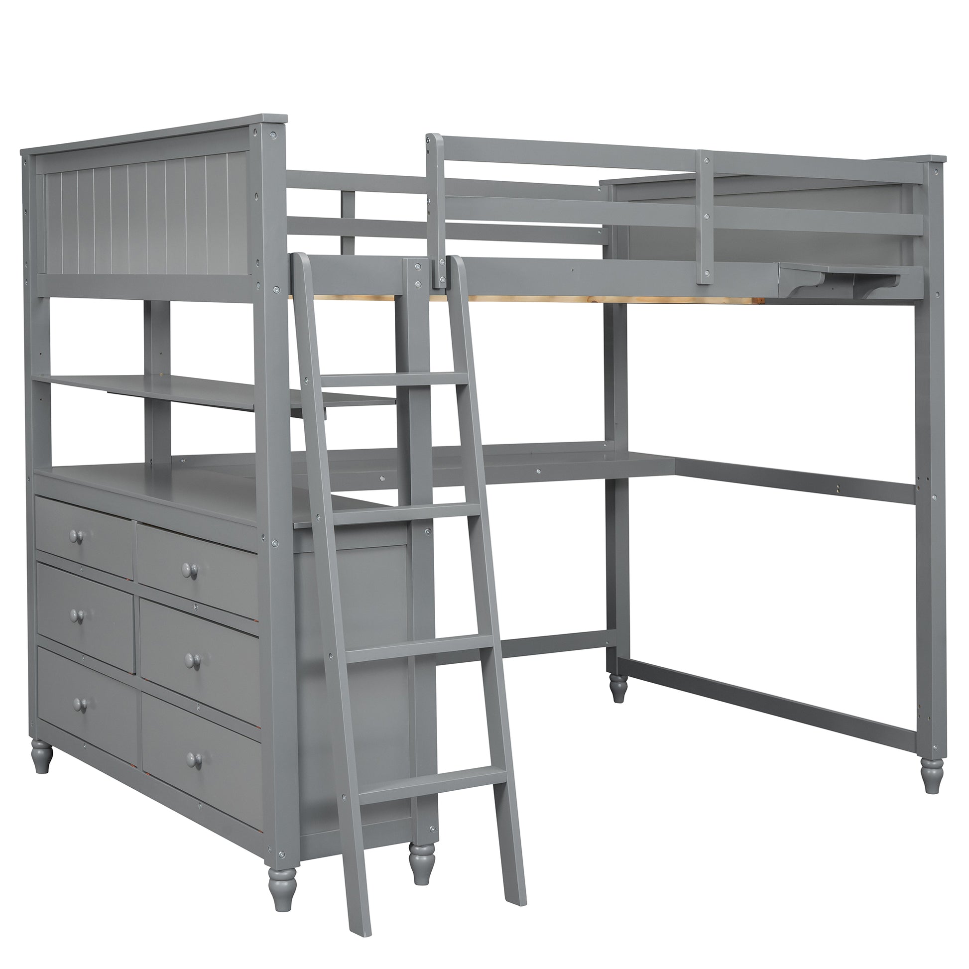 Grey wooden loft bed with ladder and desk featuring a sixdrawer dresser
