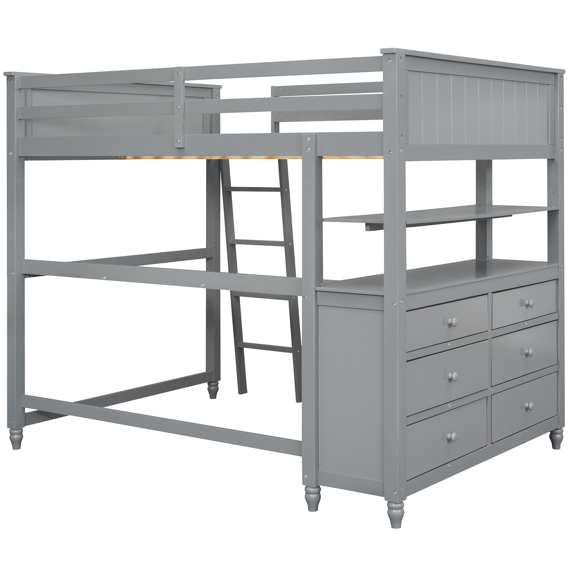 Gray wooden loft bed with desk and six drawers spacesaving childrens furniture
