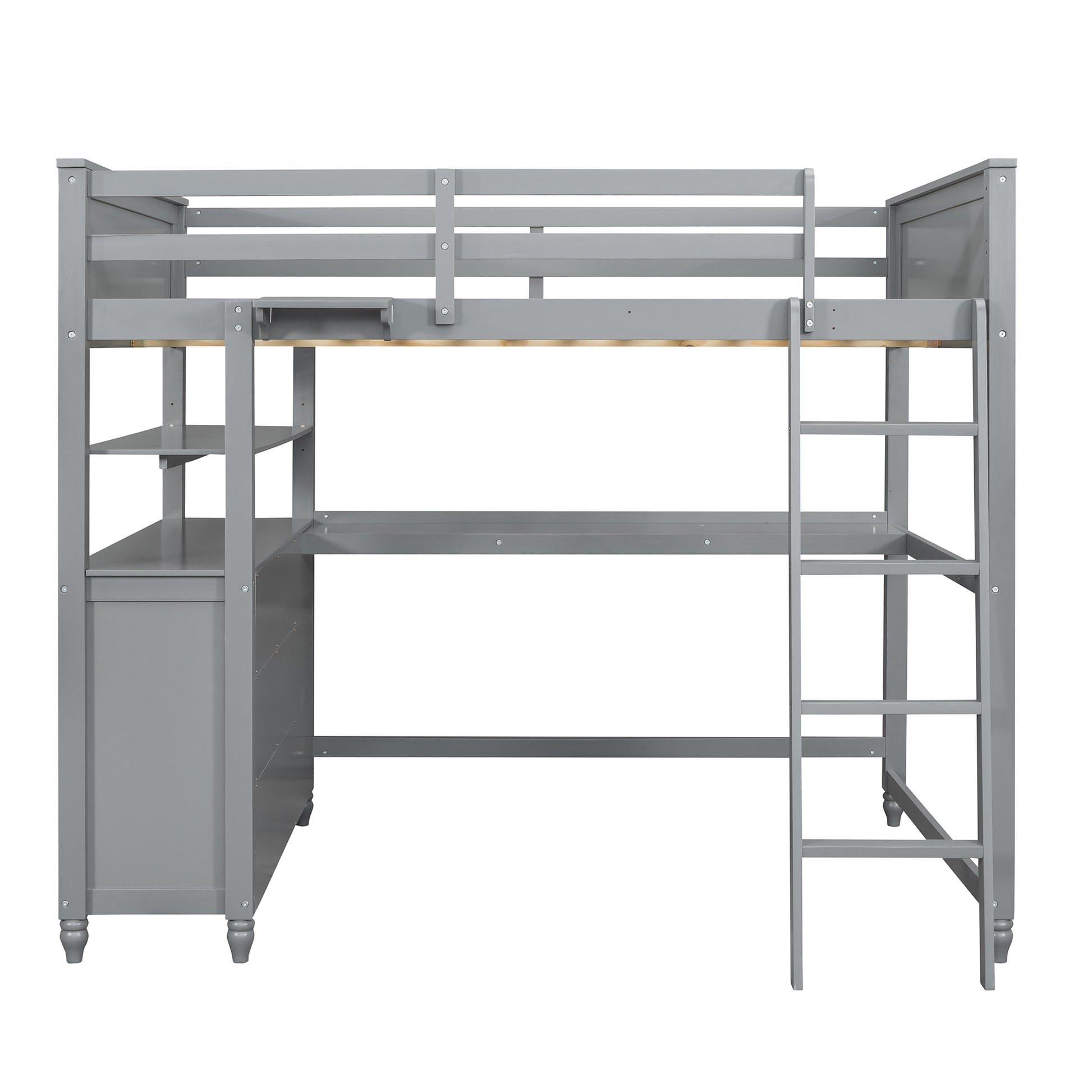 Grey wooden loft bed with desk and shelves for kids room