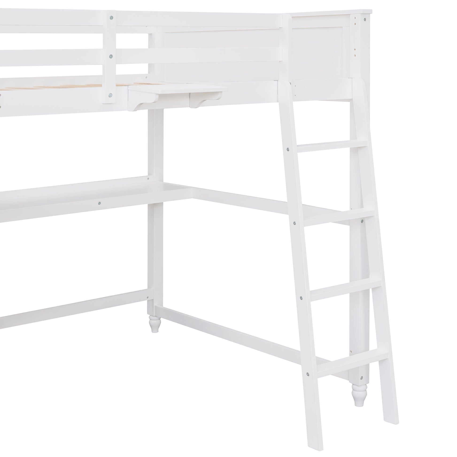 White wooden loft bed frame with desk and ladder attached