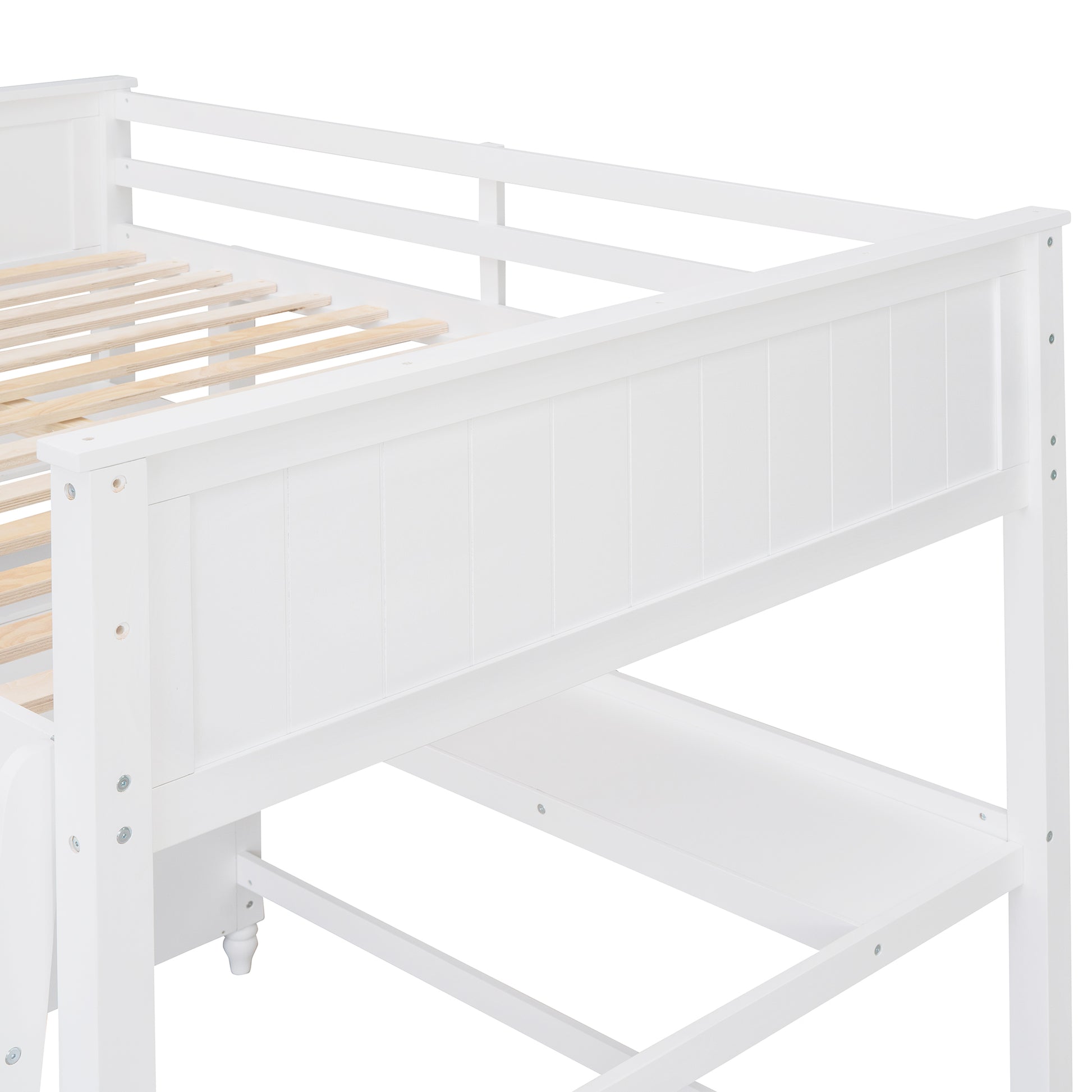 White wooden loft bed frame with slatted base for mattress support
