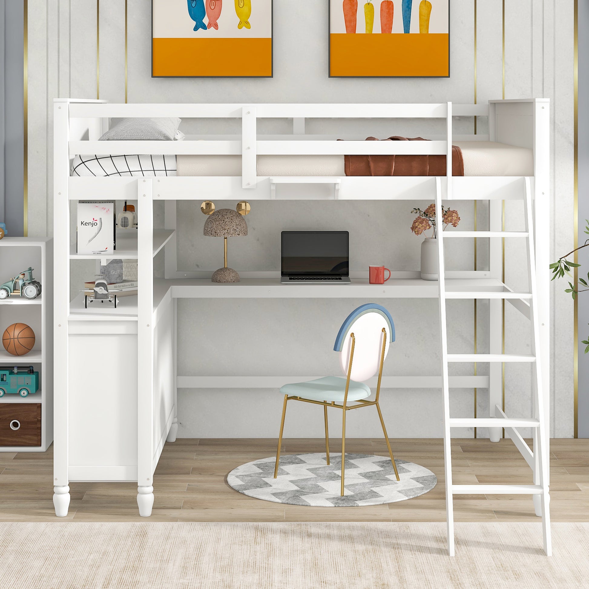 White wooden loft bed with desk and shelving for a childs bedroom