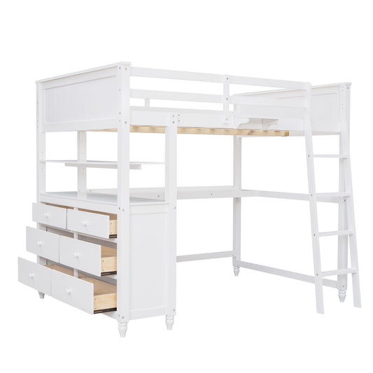 White loft bed with desk drawers and shelves for kids room