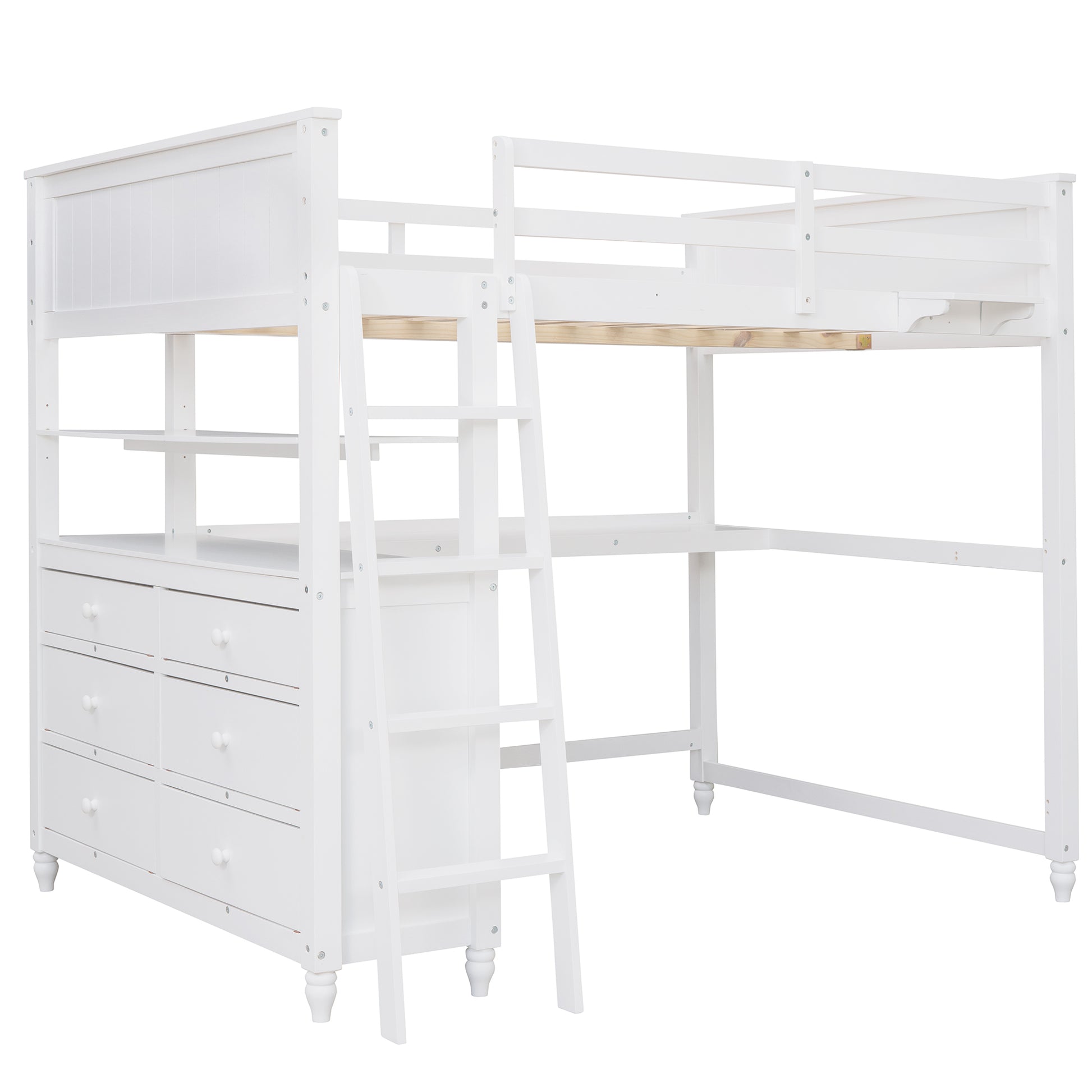 White loft bed with ladder desk and dresser drawers for a kids bedroom