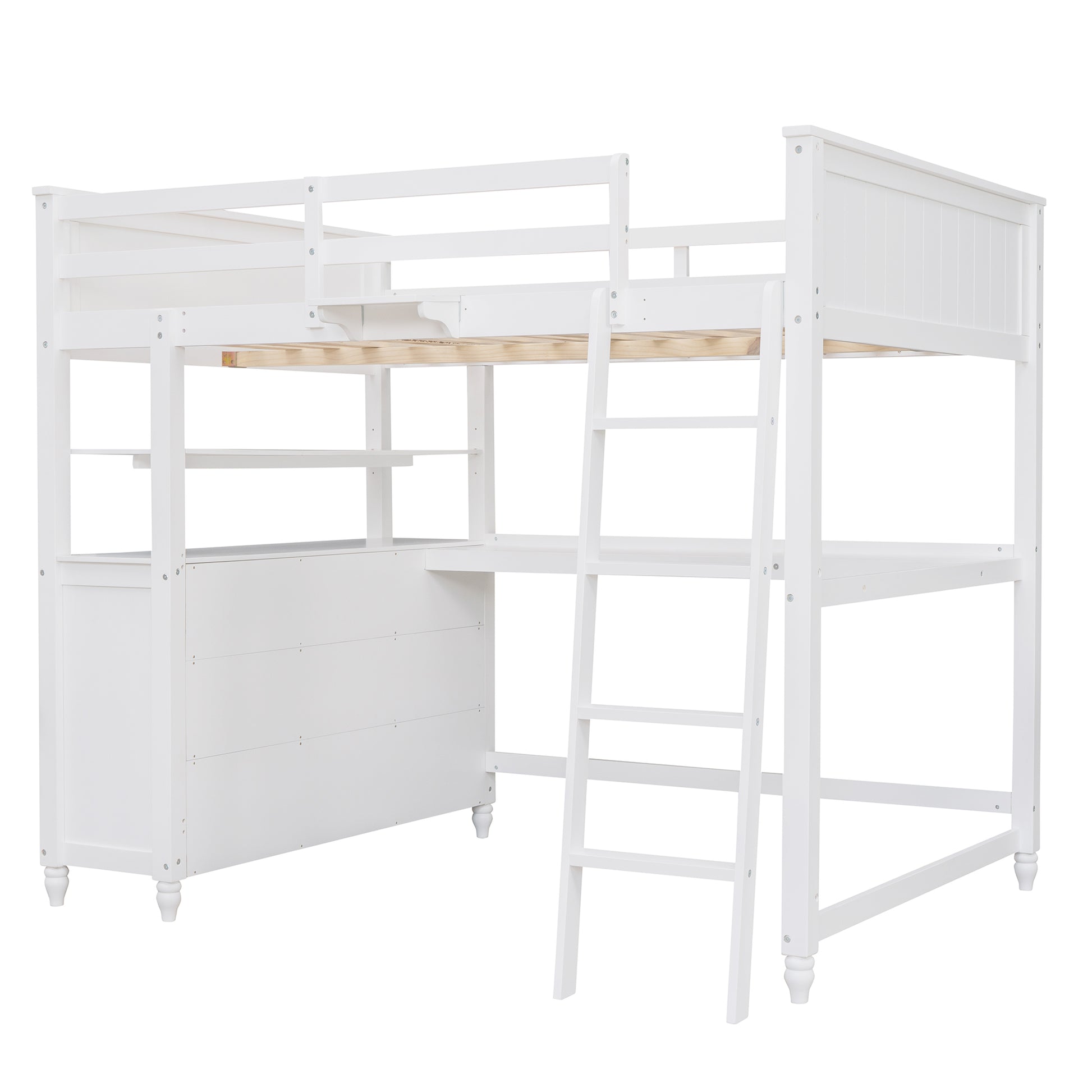 White wooden loft bed with integrated desk and shelves ideal for a childs bedroom