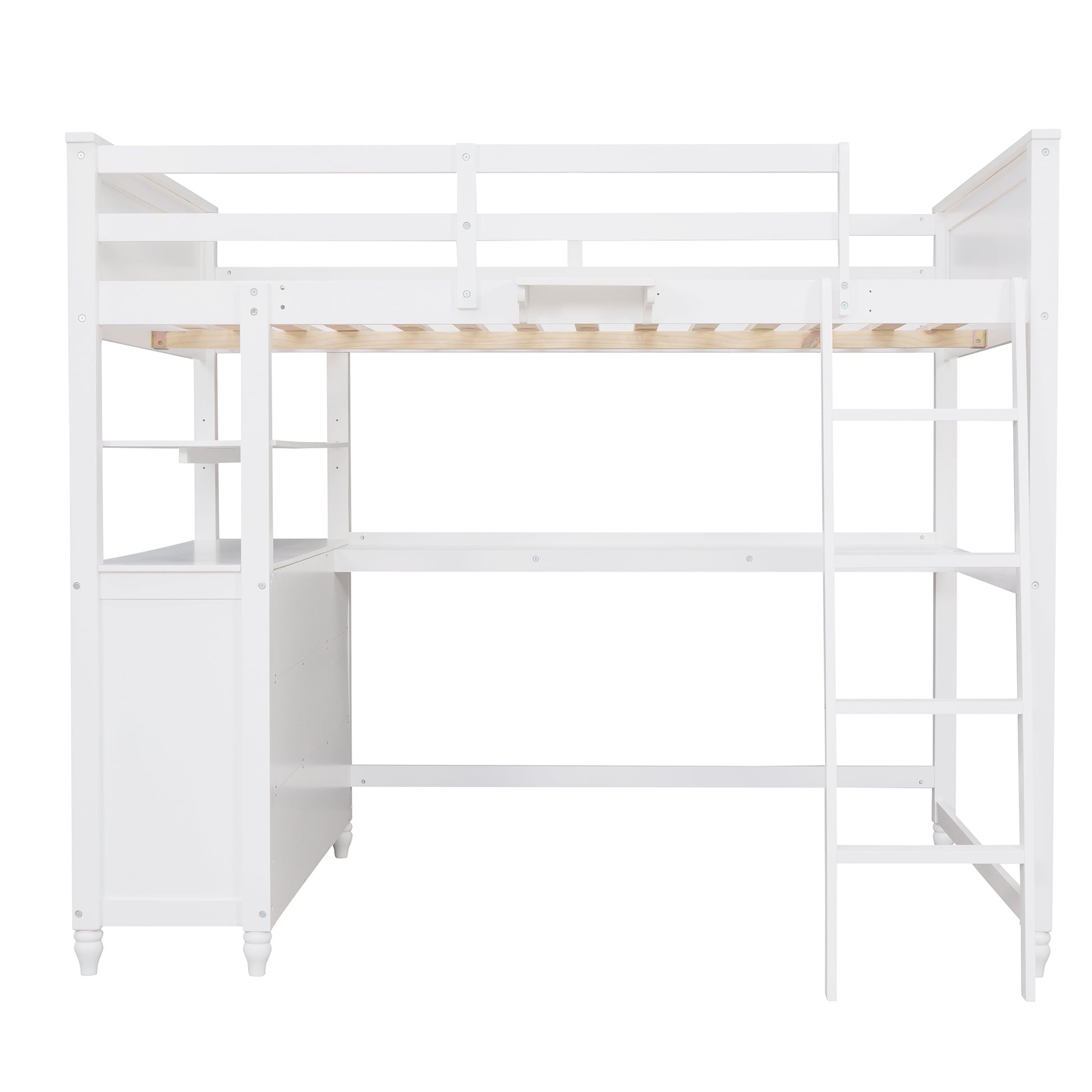 White wooden loft bed with integrated desk and shelving featuring a ladder for easy access