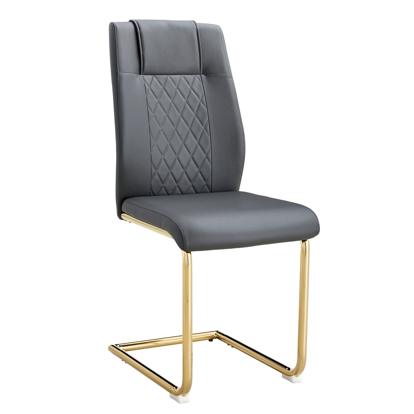 Gray faux leather cantilever chair with diamond stitching and gold legs