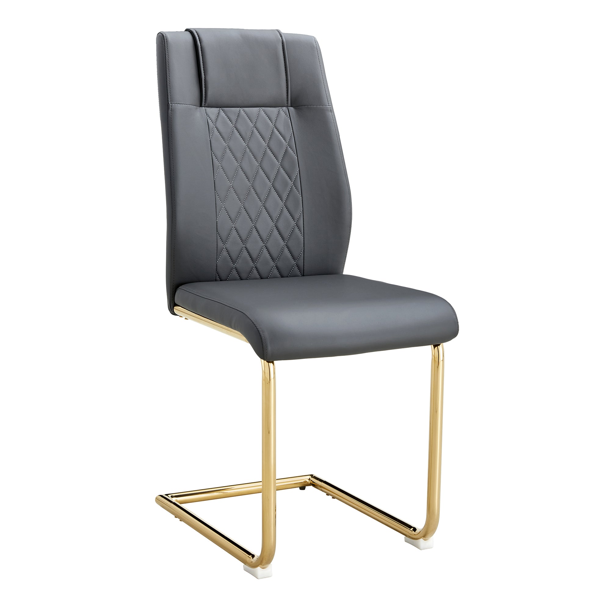 Gray faux leather cantilever chair with diamond stitching and gold legs