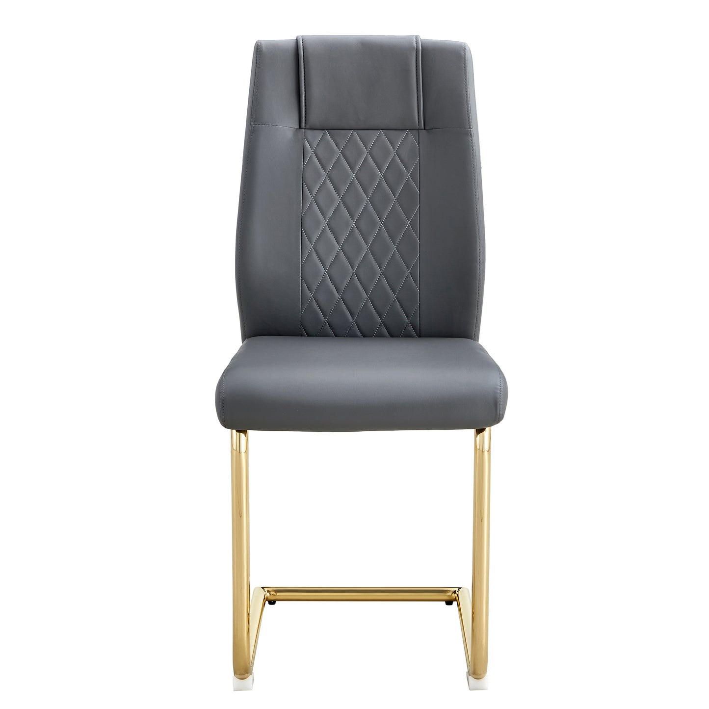 Grey faux leather dining chair with diamond stitching and gold legs