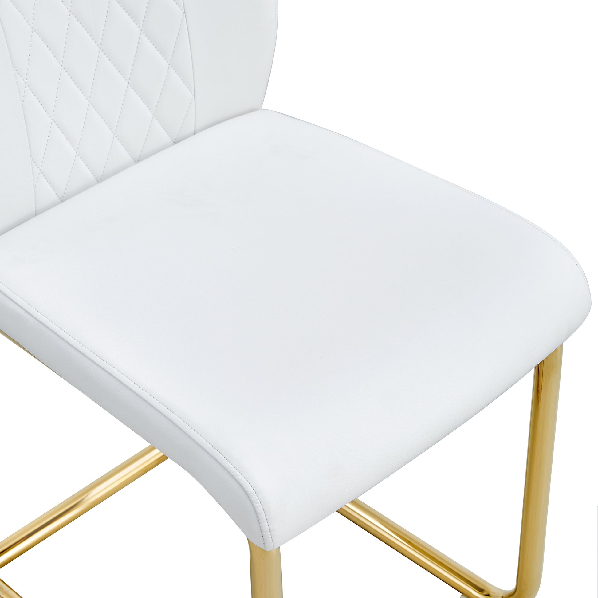 White faux leather bar stool with gold metal legs and diamond tufted back