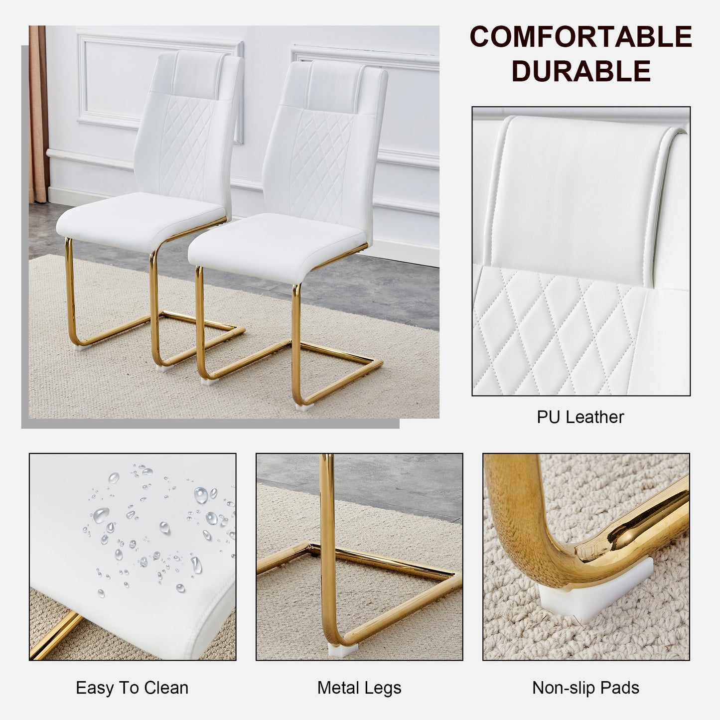 White PU leather dining chairs with gold metal legs