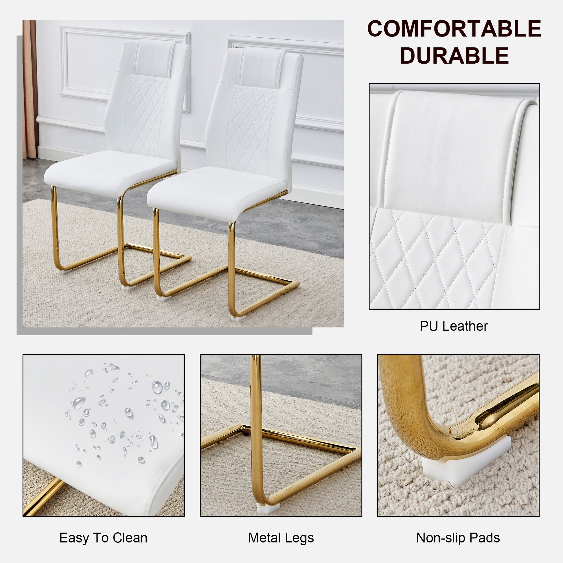 White PU leather dining chairs with gold metal legs