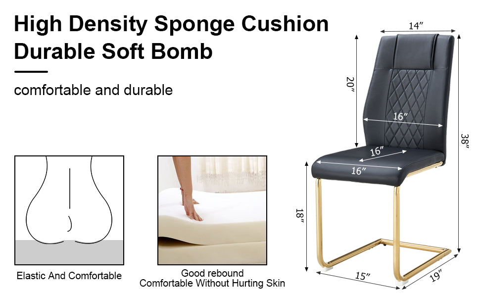 Black faux leather dining chair with diamond stitch back and gold sled base