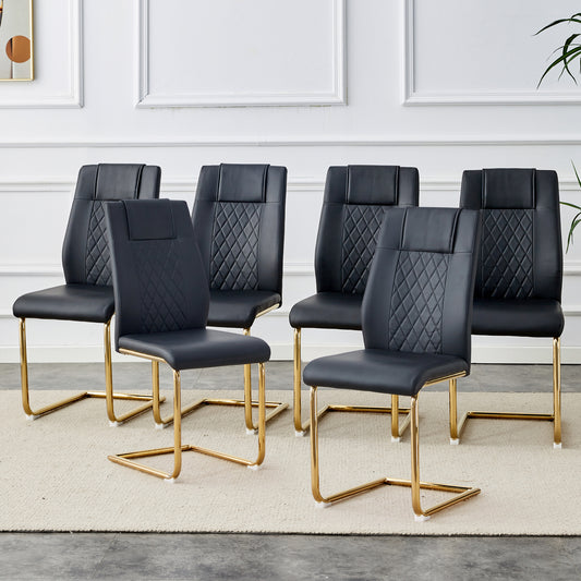 Set of  black faux leather dining chairs with gold geometric legs