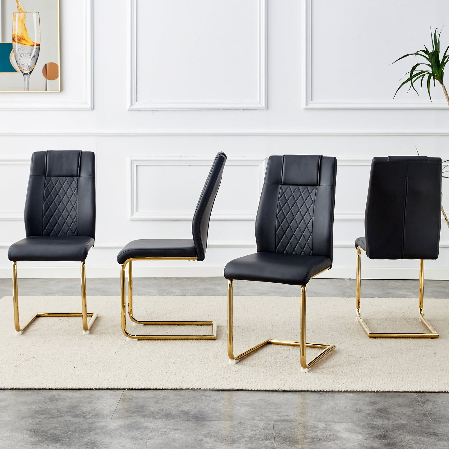 Black leather dining chair with diamond stitching and gold metal legs