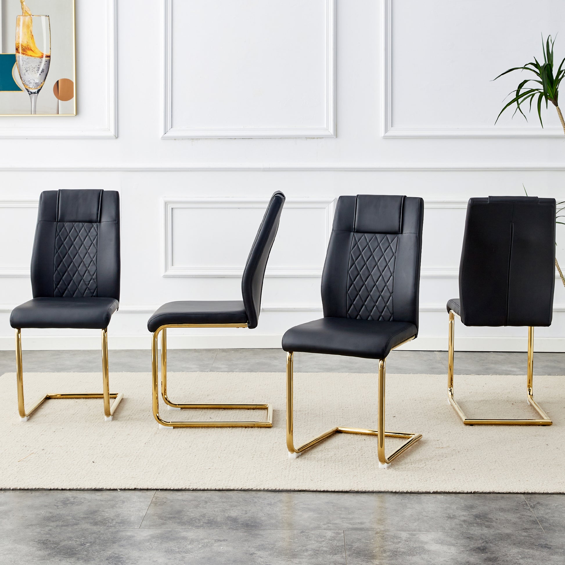 Black leather dining chair with diamond stitching and gold metal legs