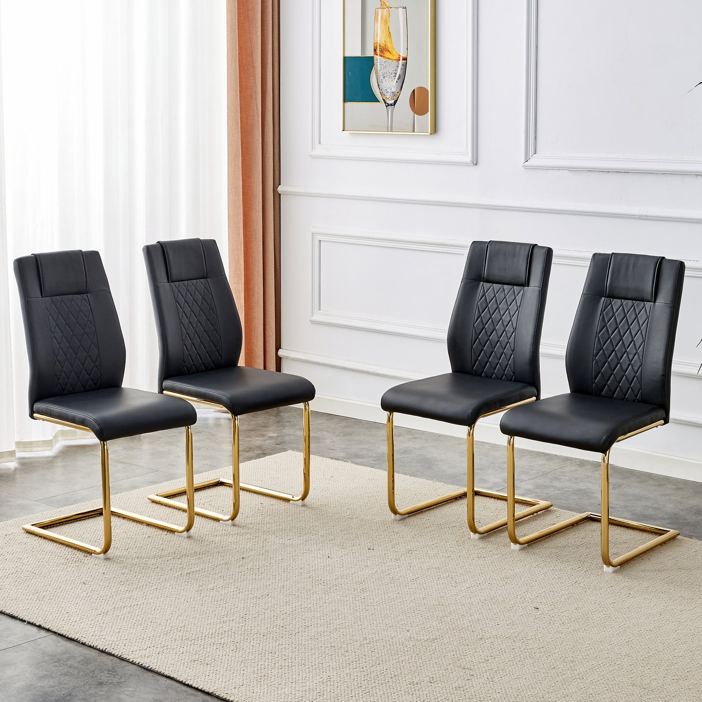 Black faux leather dining chairs with diamond stitching and gold legs