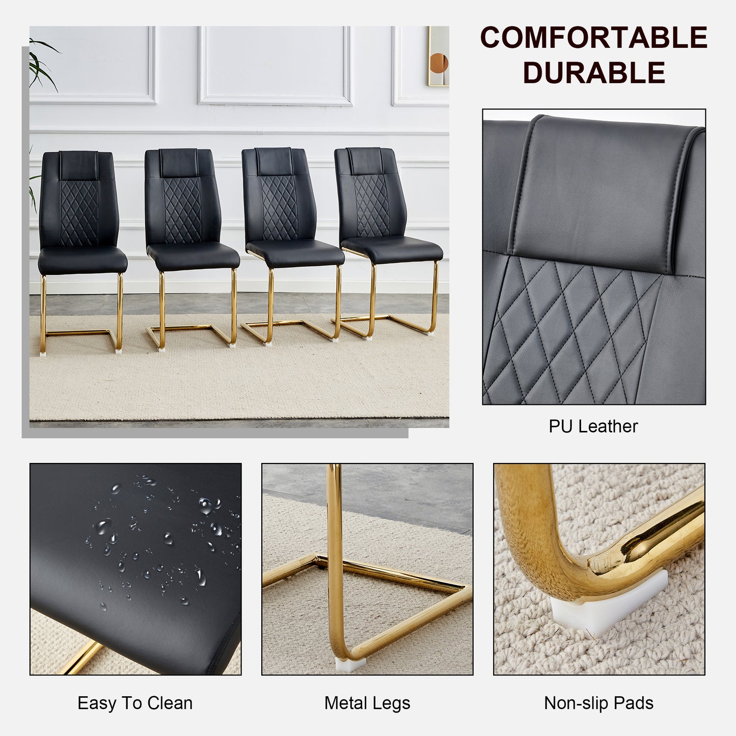 Four black PU leather dining chairs with diamond stitching and gold metal legs