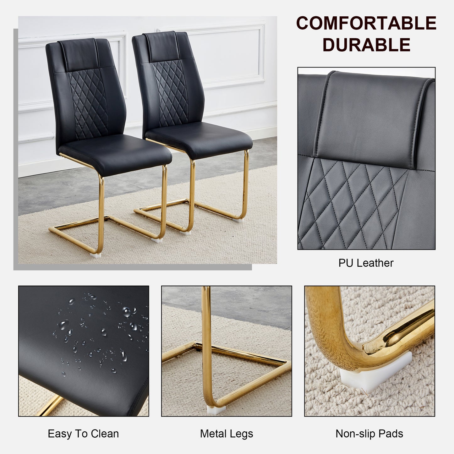 Two black PU leather dining chairs with diamond stitching and gold metal legs