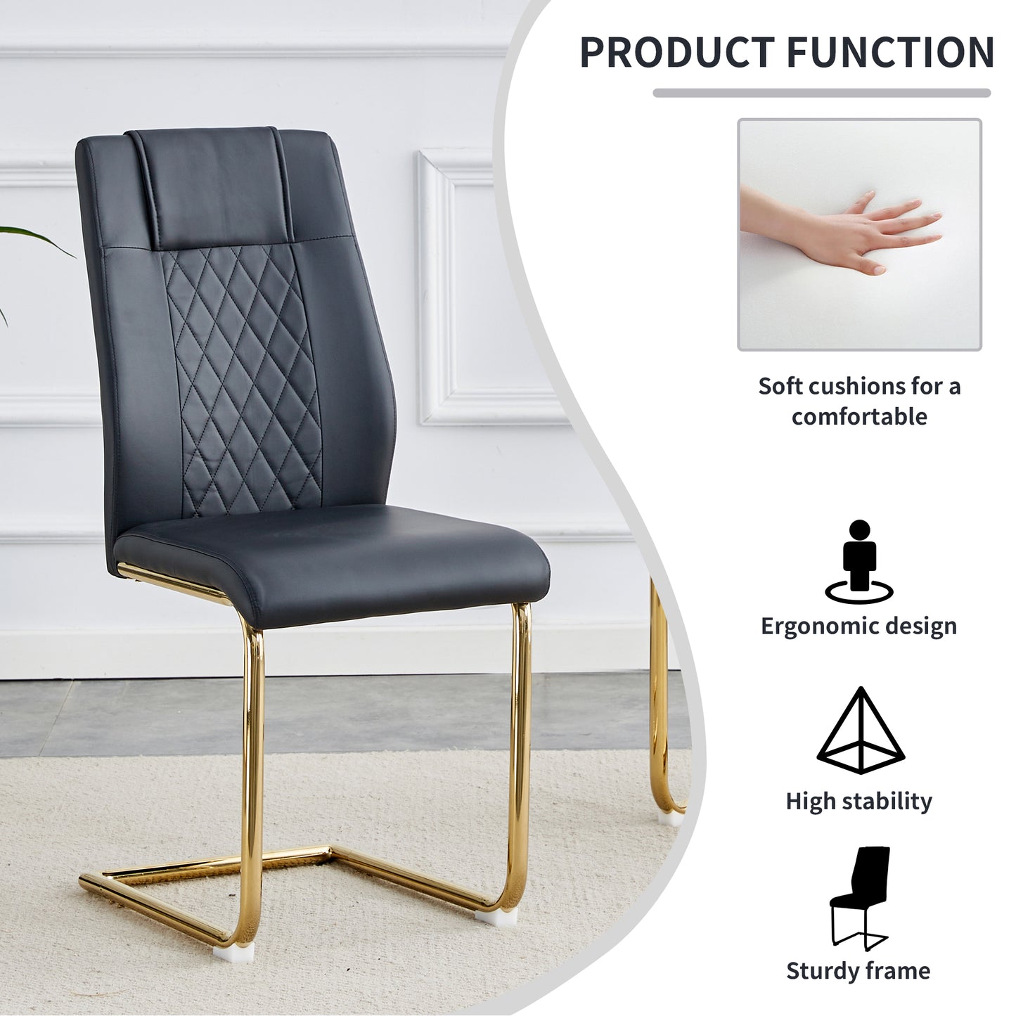 Black diamondstitched faux leather dining chair with gold cantilever legs