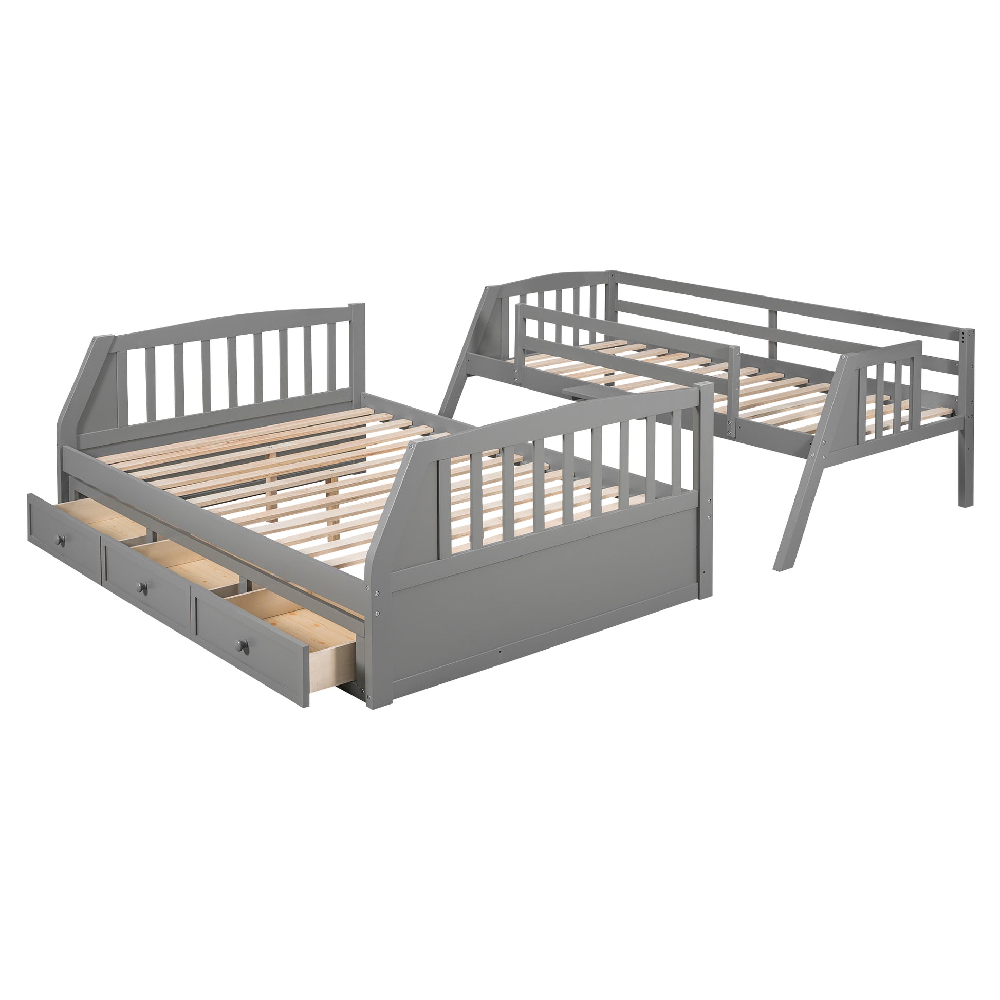Gray wooden twin over twin bunk bed with pullout trundle and three drawers
