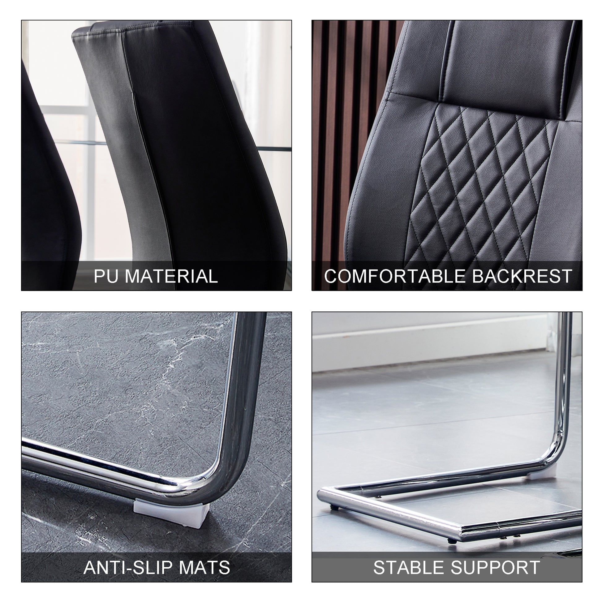 Black PU leather dining chair backrest with stitched details