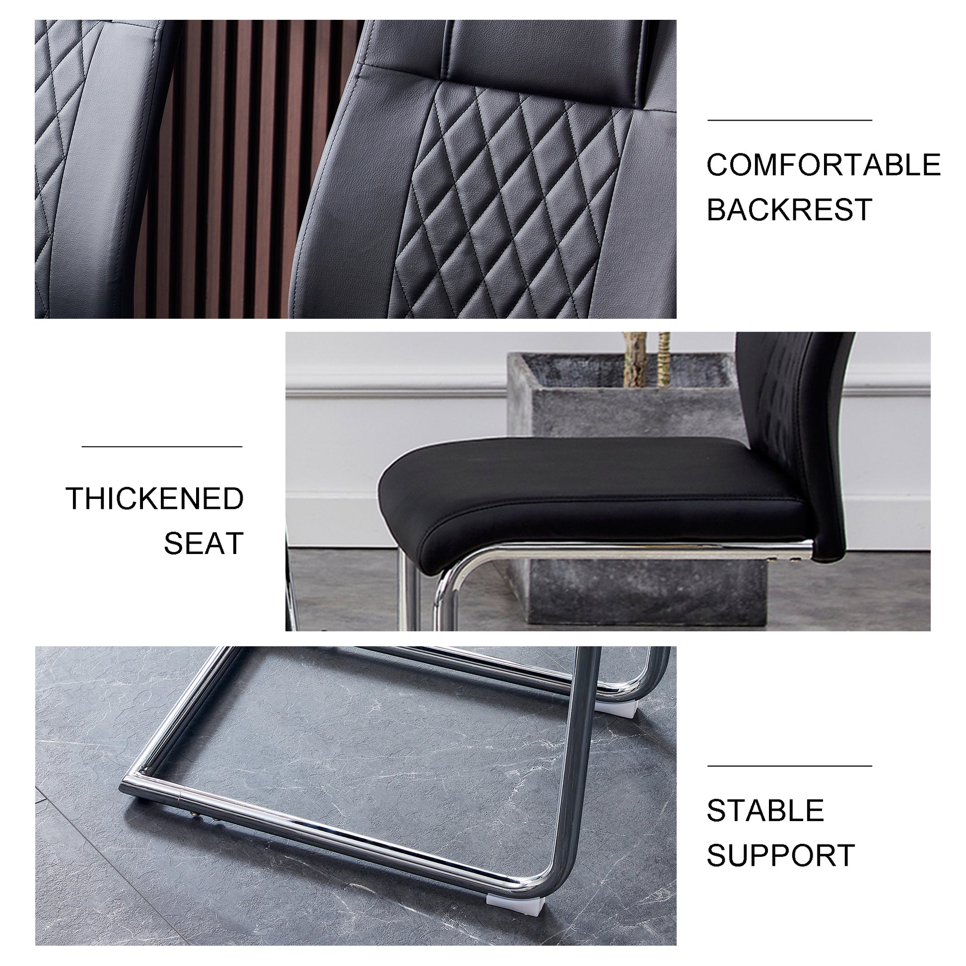 Black faux leather dining chair with diamondstitched backrest
