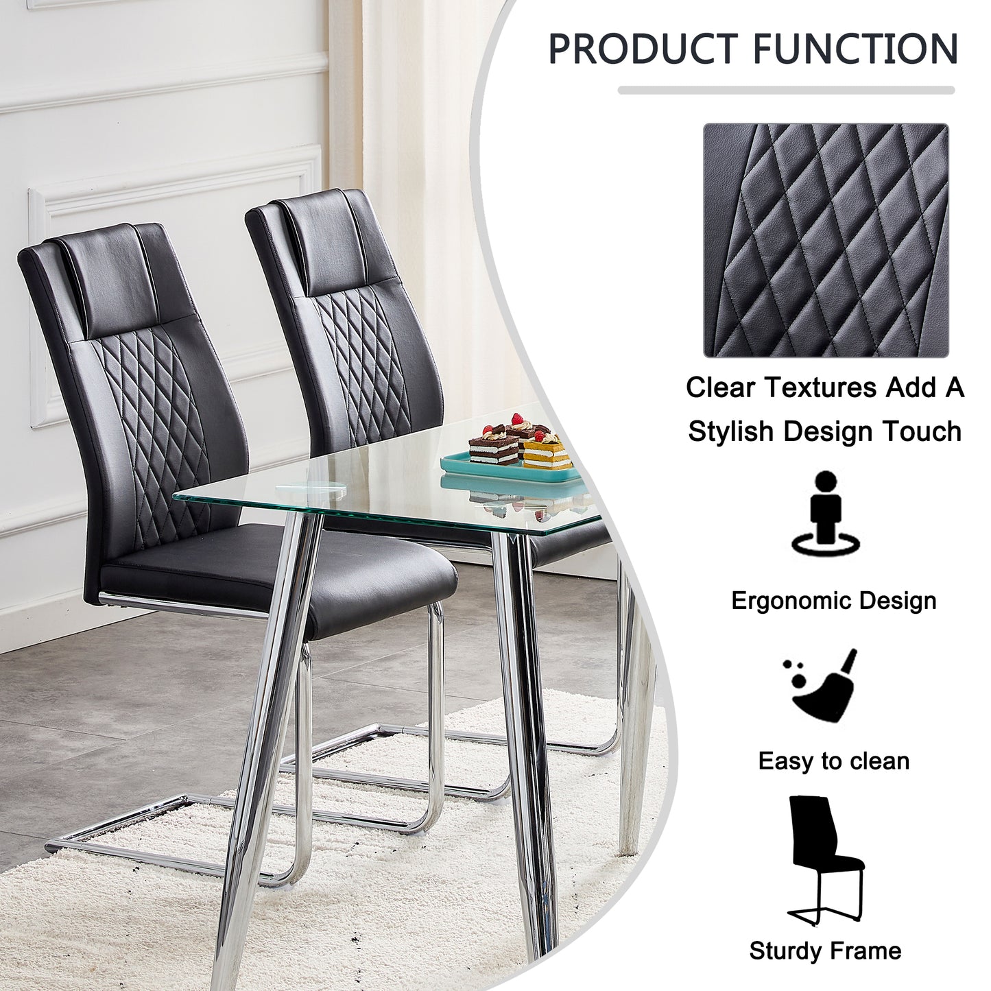 Black leather dining chairs with diamond stitching and chrome legs