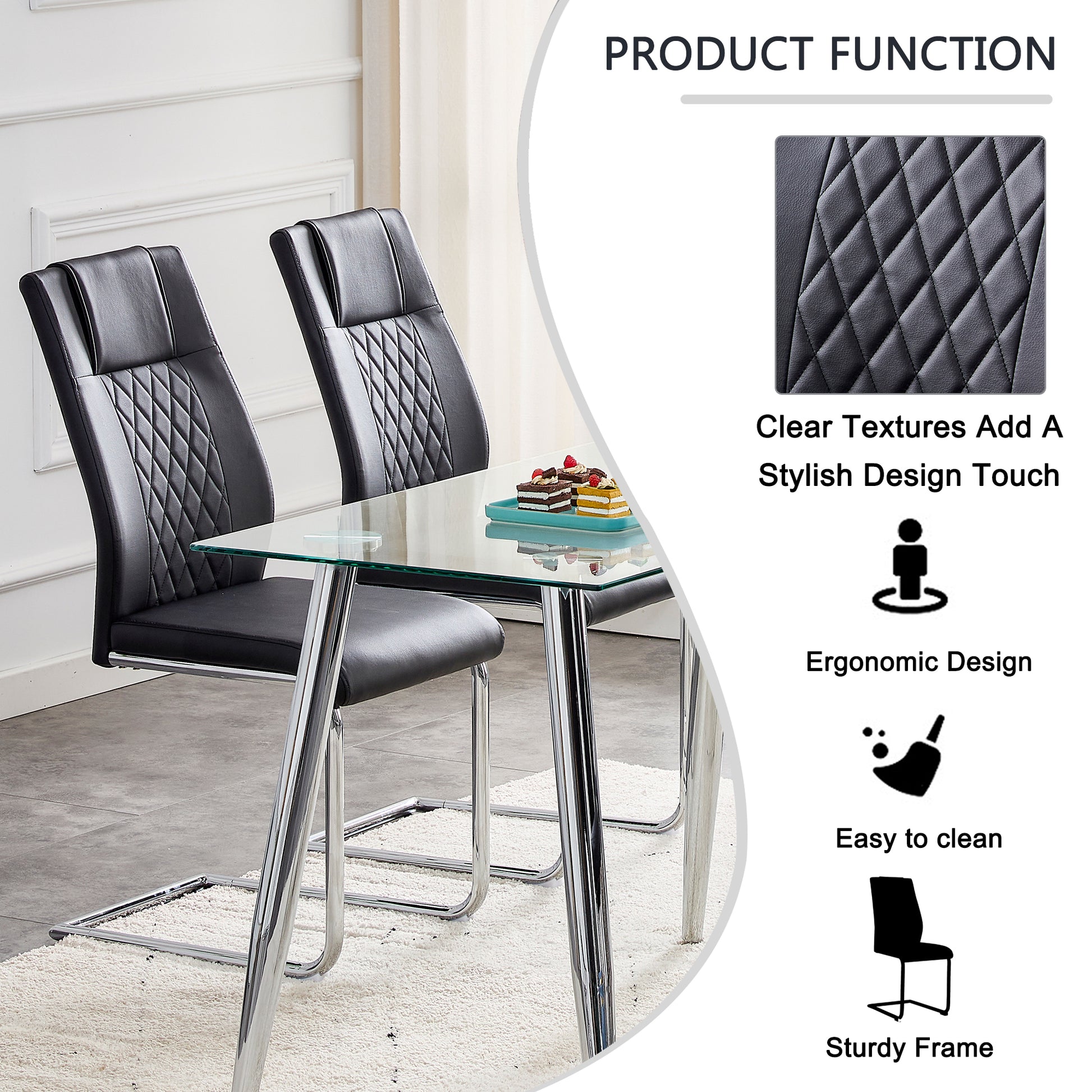 Black leather dining chairs with diamond stitching and chrome legs