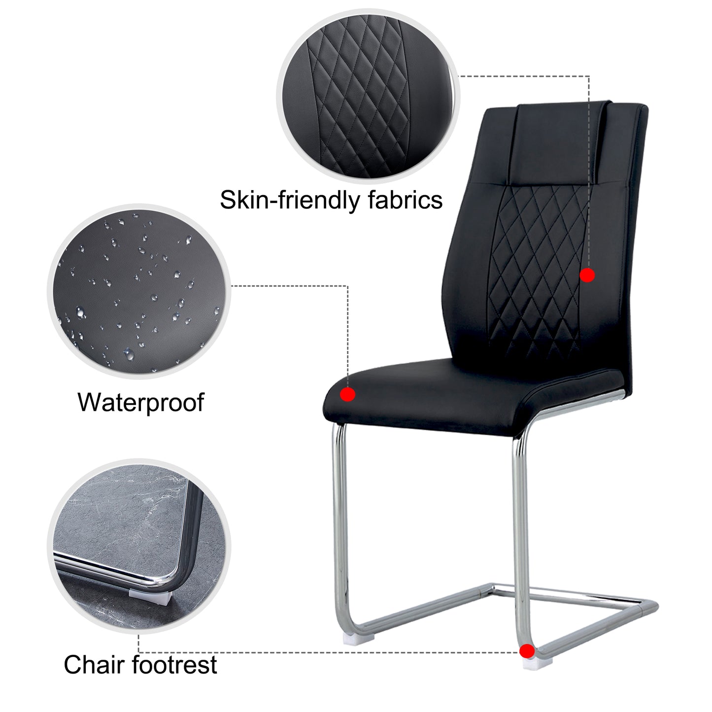 Black faux leather dining chair with diamond stitching and chrome cantilever base