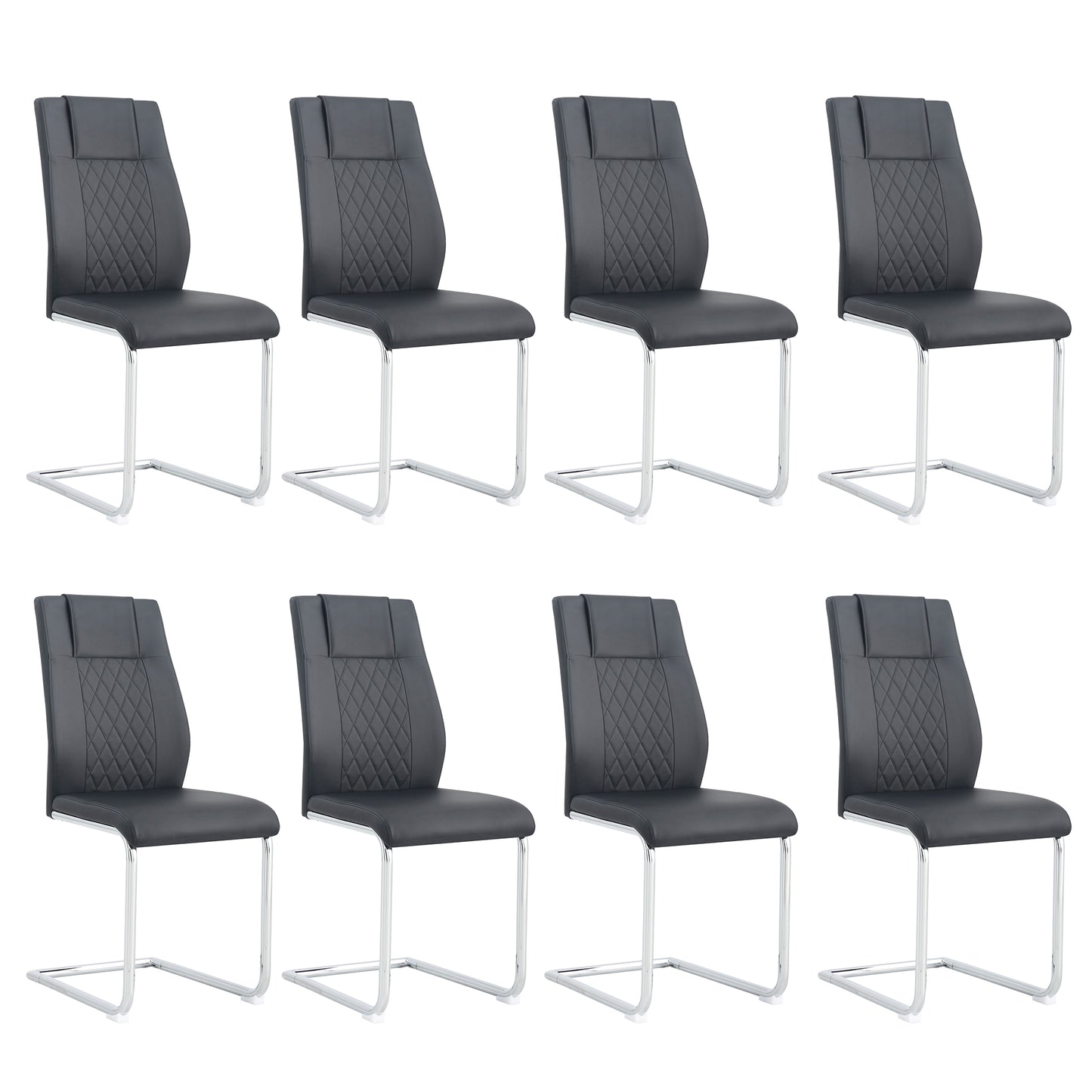 Set of  grey faux leather dining chairs with diamond stitching and chrome sled legs